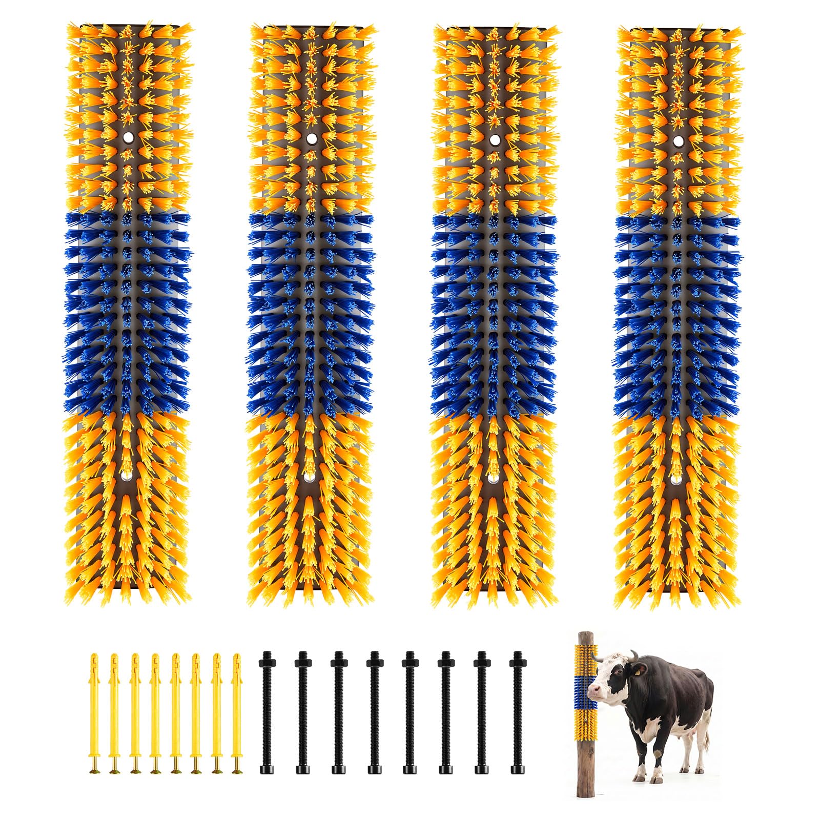 VEVOR Spazzola per Bestiame 4 Pezzi, Perno Grattapelo con 16 Viti 430 x 100 mm, Colore Giallo e Blu, per Alleviamento Prurito in Autonomia Massaggio e Toelettatura per Cavalli Asini Bovini e Suini