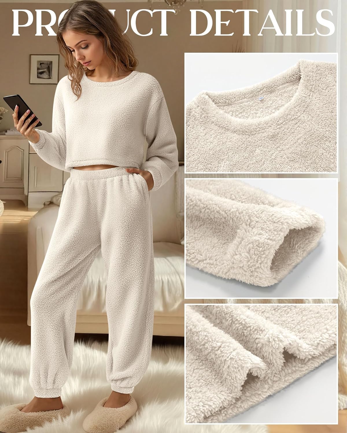 2 Piece Women's Fuzzy Pajamas Sets Long Sleeve Crop Top Fleece Pullover Casual Fluffy Pants Loungewear Sleepwear - Image 5