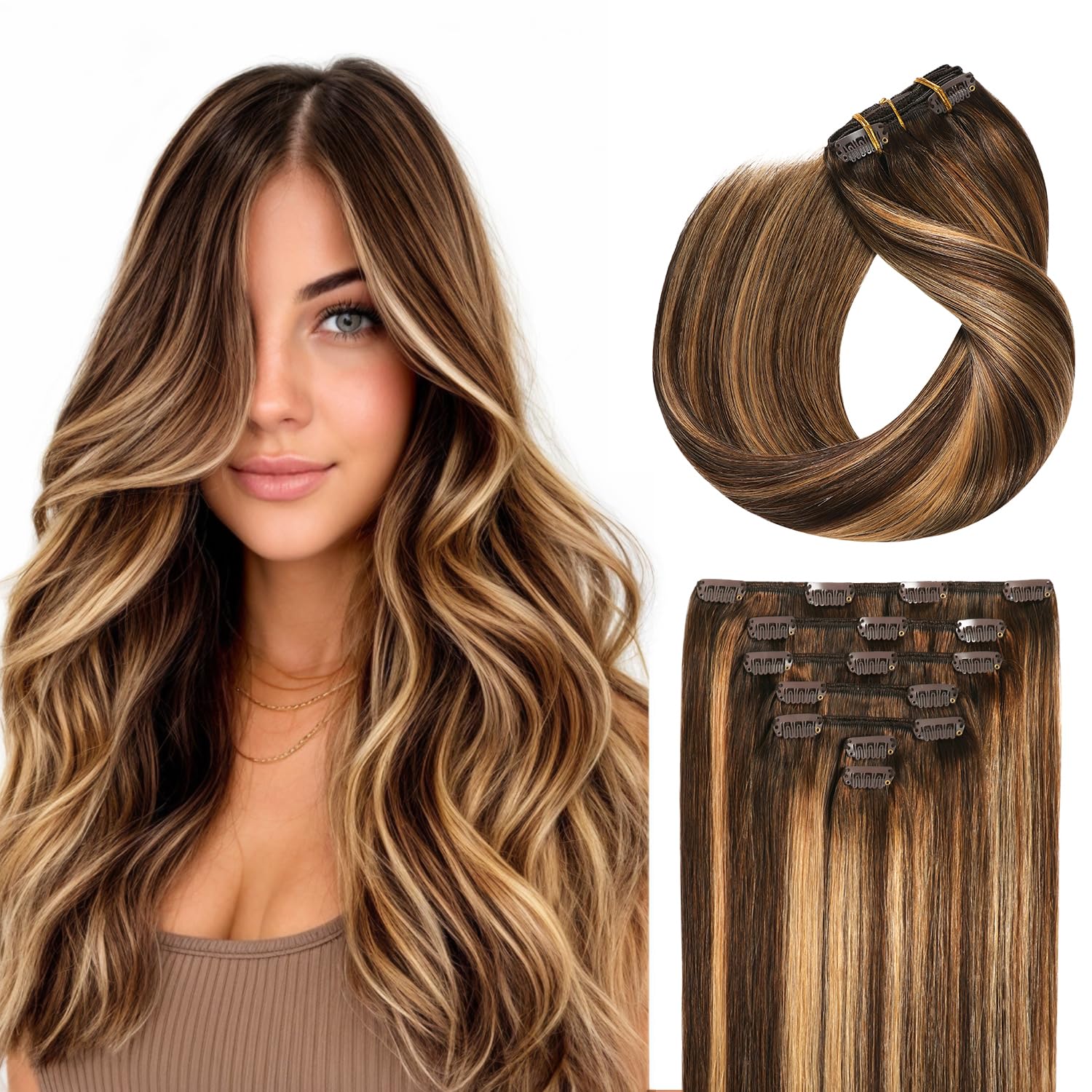 Evala Clip in Hair Extensions, 7pcs Real Human Hair 14 inch 110g Clip ins #P4/27/T4 Brown with Caramel Blonde Highlights