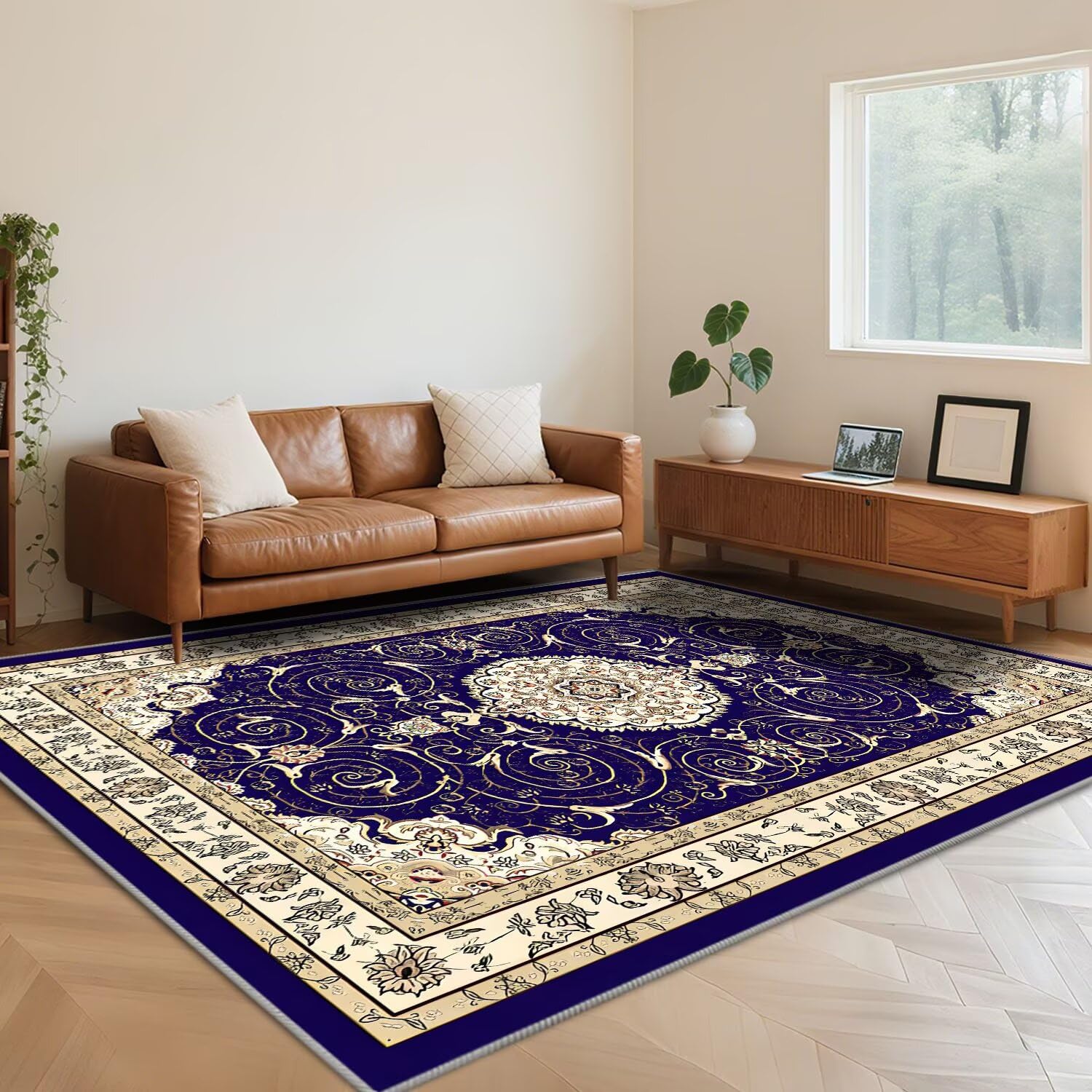 Tapis de salon antidérapant et lavable bleu marine 120 x 160 cm