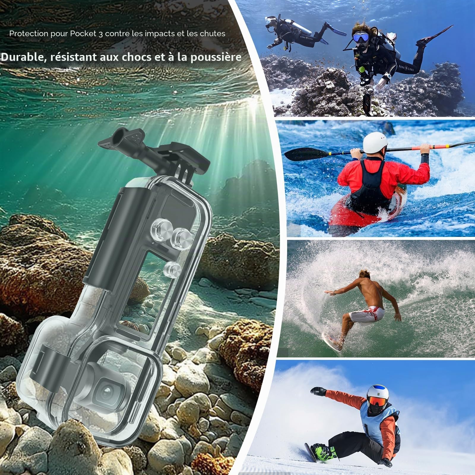 Valise de plongée pour DJI Osmo Pocket 3 Boîtier étanche à l'eau, Valise de plongée, Housse de Protection pour Osmo Pocket 3 Sports, Accessoire pour caméra d'action, 45 m, Transparent