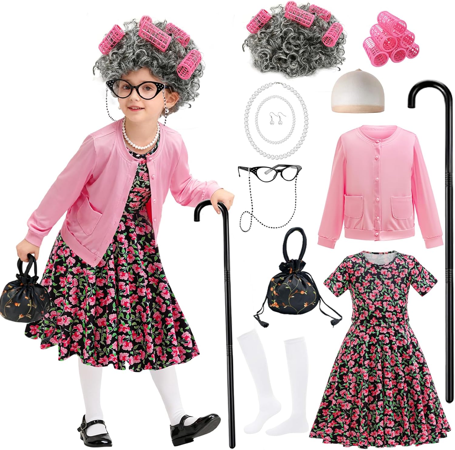 Old Lady costume for kids 100 Days of School Costume for Girls 100th Day of School Dress Up Grandma Granny Outfit