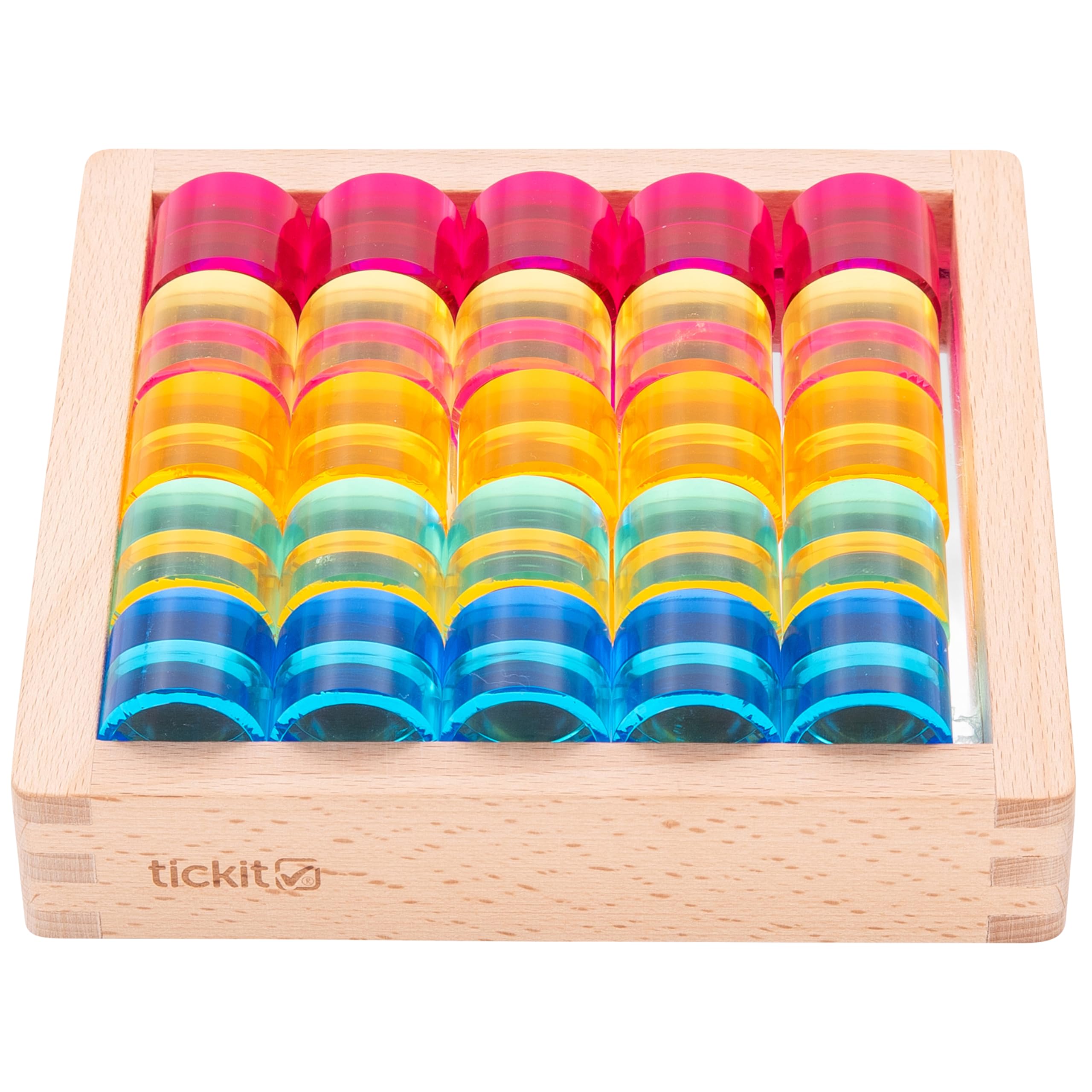 tickit Crystal Colour Gem Circles Play Set with Wooden Mirror Tray – 100 Acrylic Gems for Colour Sorting, Counting, Pattern Making, Reflection Play, Early Maths & Creative Learning