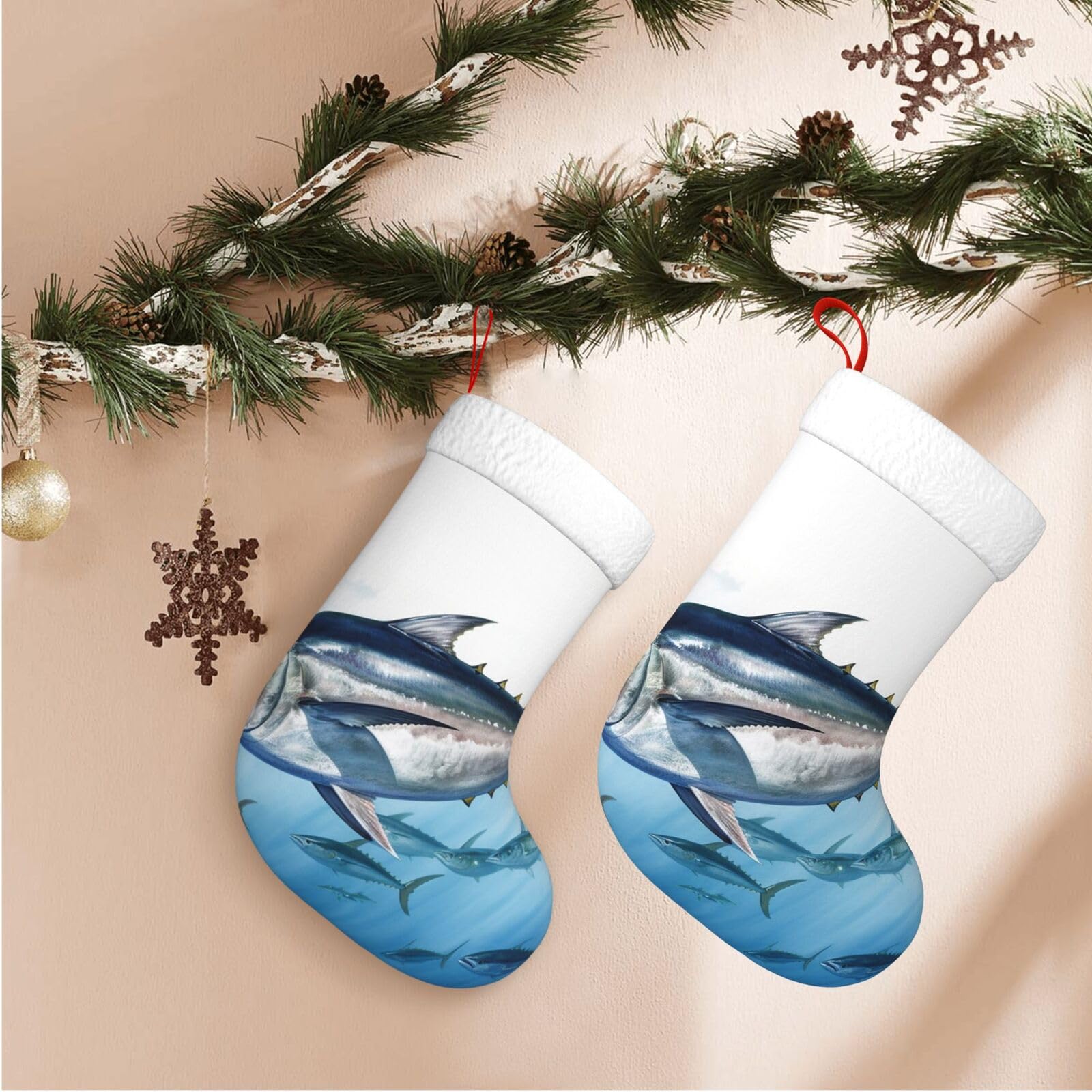 17.7" Christmas Stocking 1 Piece, Bluefin Tuna Thunnus Xmas Stockings with White Plush Cuff Fireplace Hanging Stocking for Christmas Holiday Party Decoration