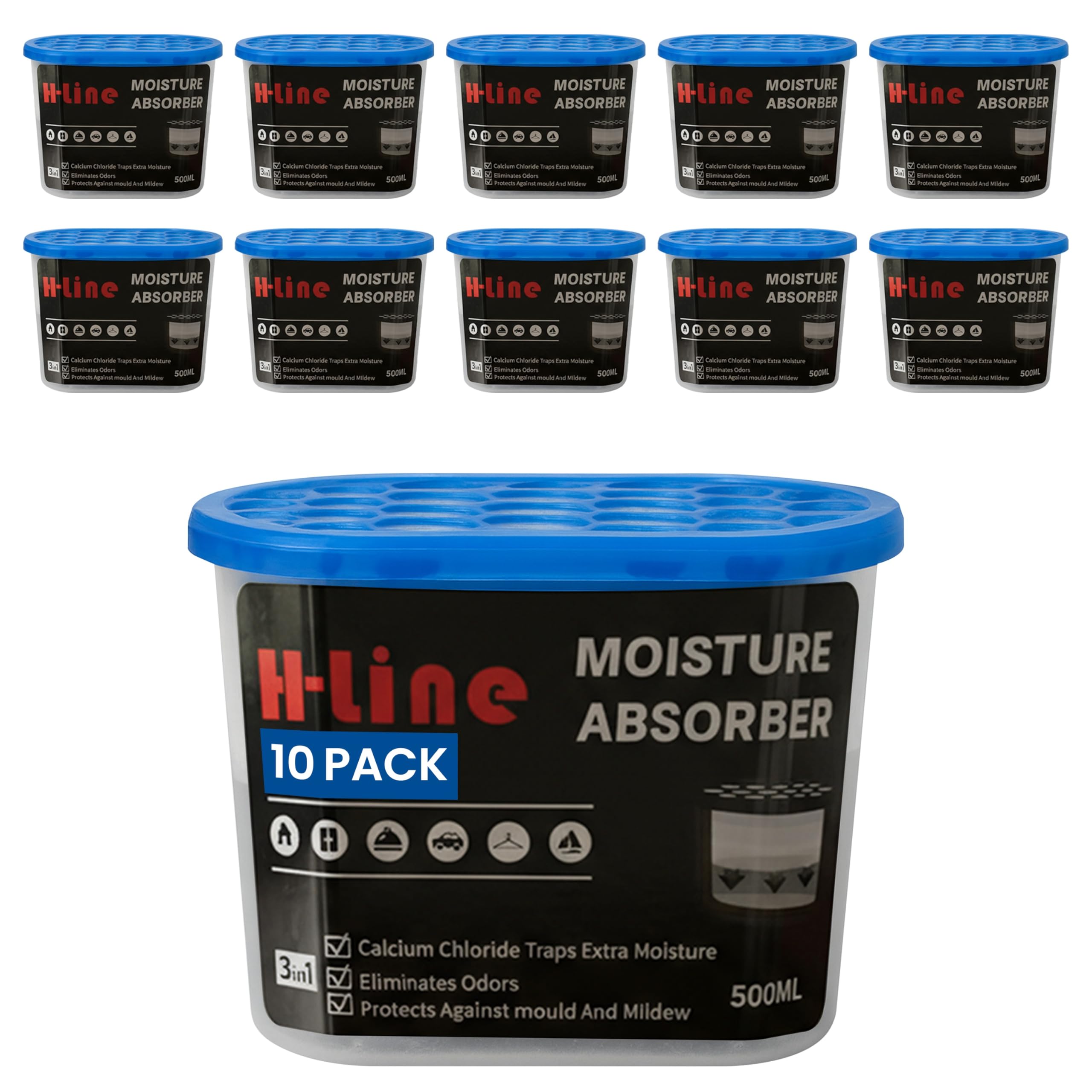 H-Line Dehumidifiers Disposable for Home 500ml, Pack of 10 Moisture Absorber for Bedroom, Mould & Damp Absorber, Condensation Absorbers, Moisture in Home, Kitchen, Wardrobe, Bedroom