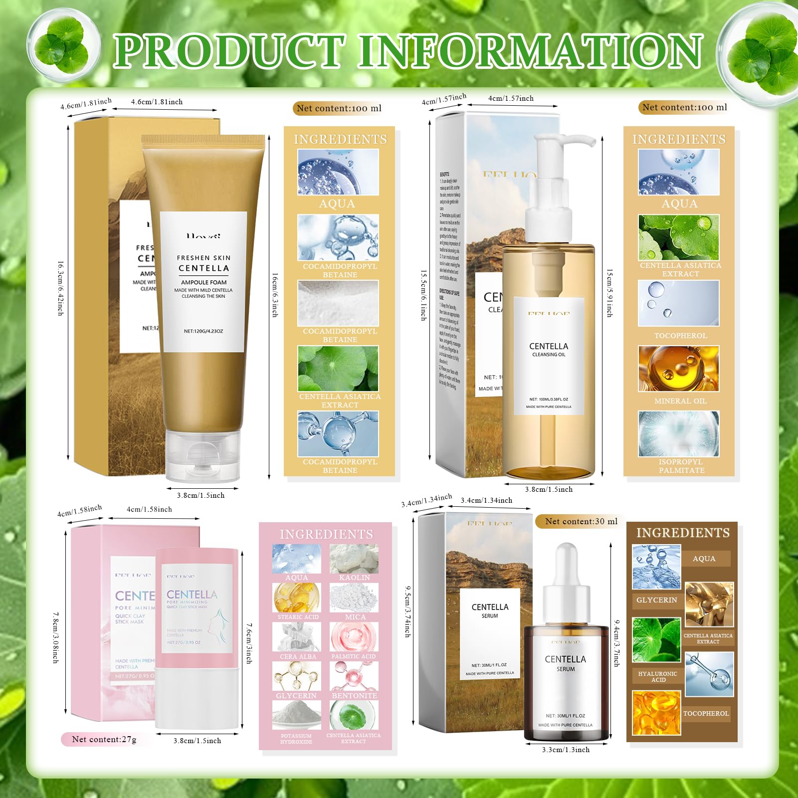 4 Piezas Centella Kit, Centella Cleansing Oil + Centella Limpiador Facial | Asiatica Serum + Centella Stick Mask, Skincare Kit, Suave y Ligero, Apto para Pieles Sensibles