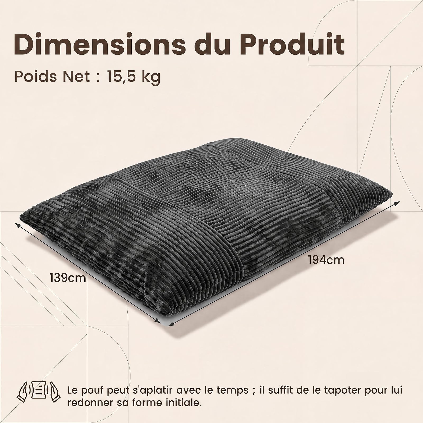 RELAX4LIFE Pouf Géant XXL, Canapé Lit au Sol Moelleux, 194X139 CM, Gris foncé