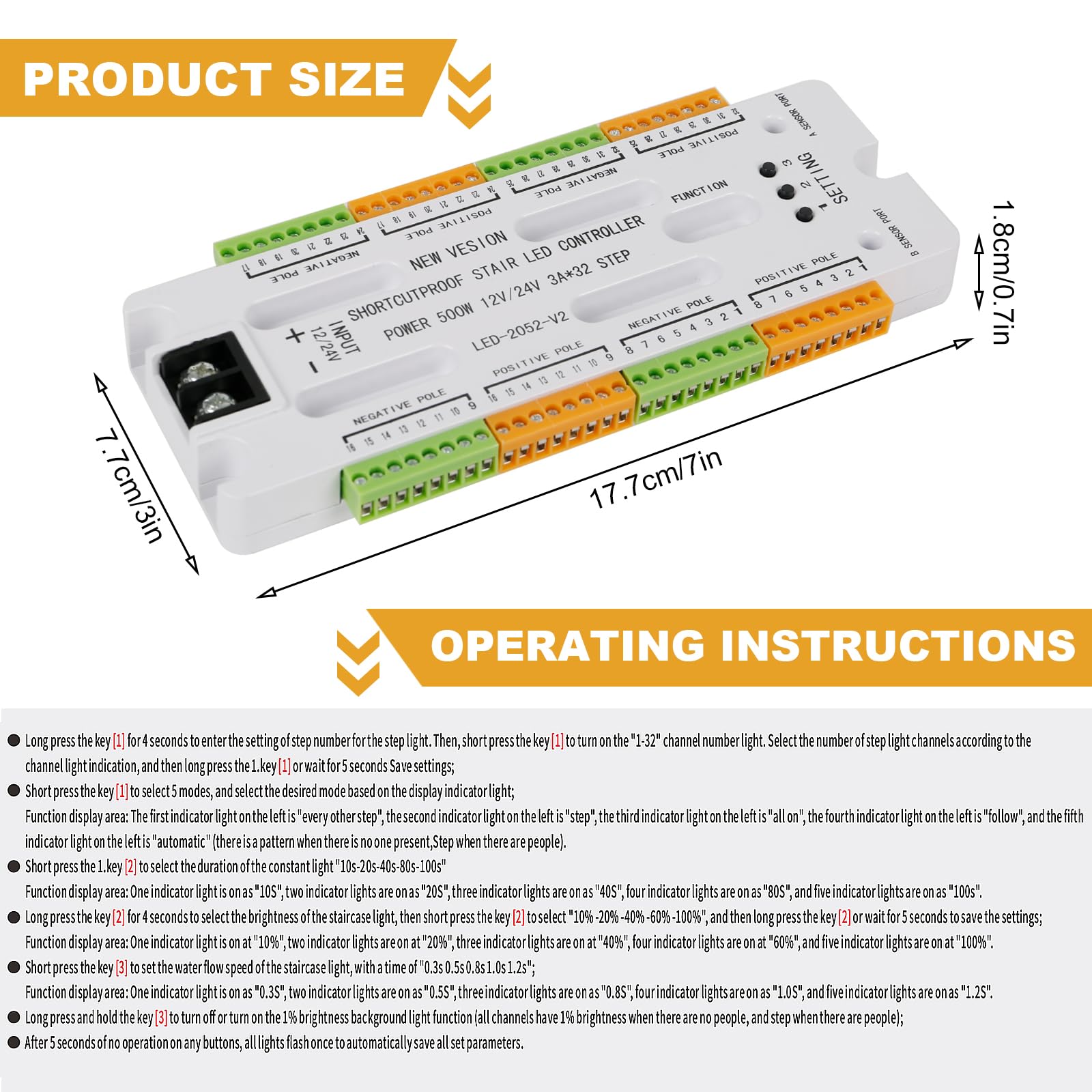 Copgge 32 Channel Motion Sensor LED Stair Controller Automatic Staircase Lighting Controller Short Circuit Proof Stairway Step Light Controller Adjustable Brightness for Indoor Under Stair Lighting