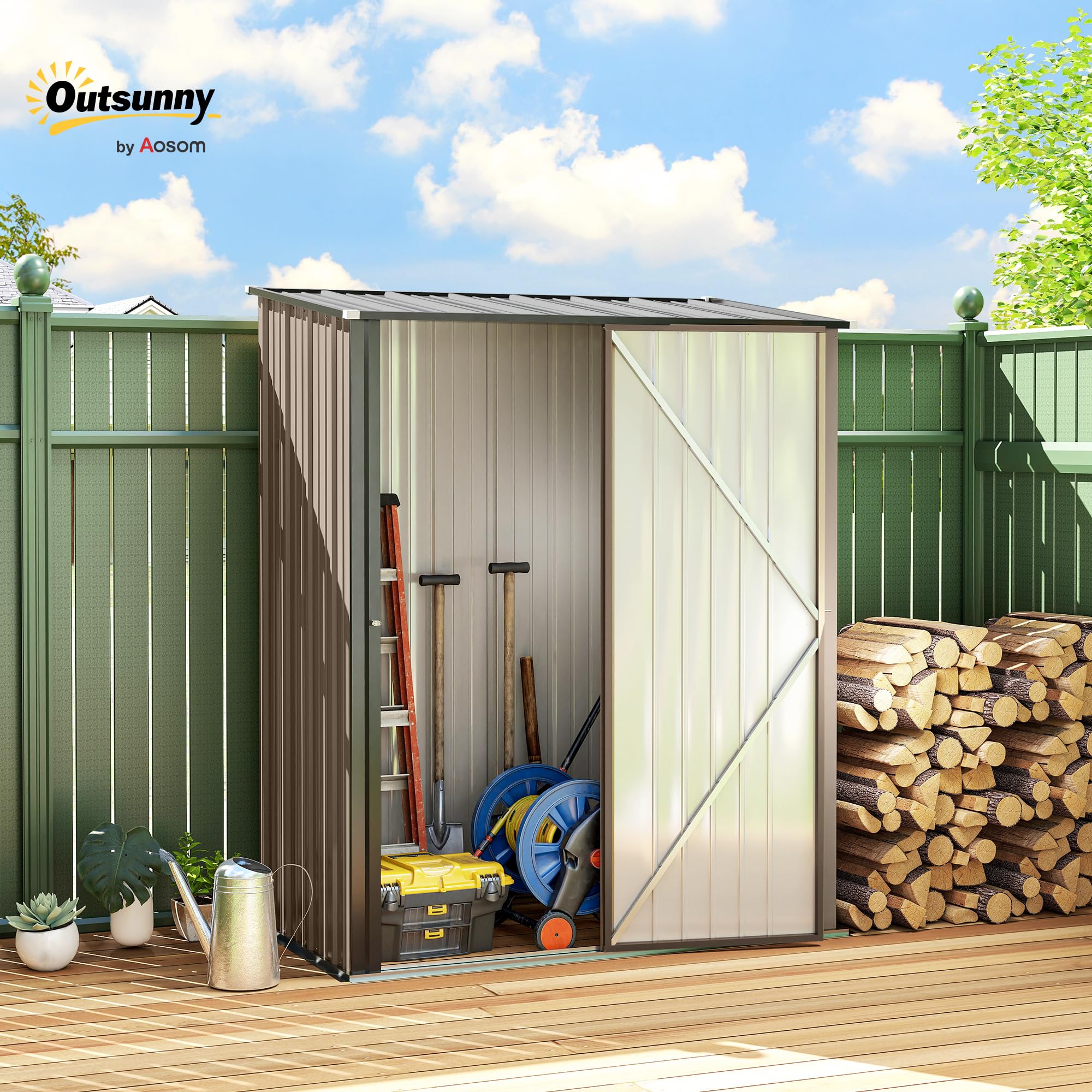 Outsunny Cobertizo de Jardín Exterior 1,34 m² 161,5x94,5x196 cm Caseta de Jardín Exterior Metálica con 1 Puerta y Cerradura para Almacenamiento de Herramientas para Patio Terraza Marrón