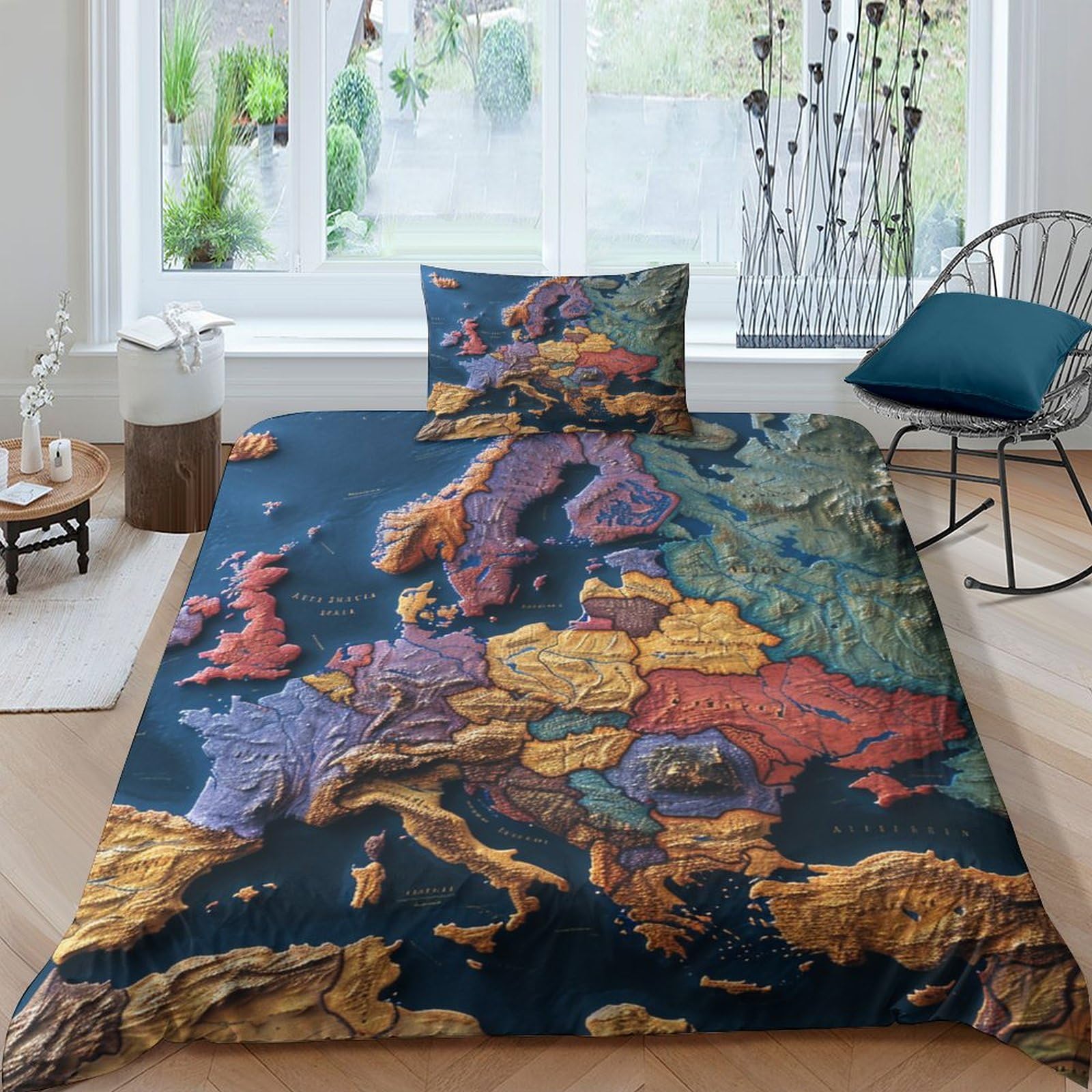 LKBASOEGD Map of Europe Duvet Cover Set 3 PCS Hotel Quality Quilt Cover Bedding Set Bed Covers with Pillowcases with Zipper Closure Breathable Stylish Comforter Single（135x200cm）