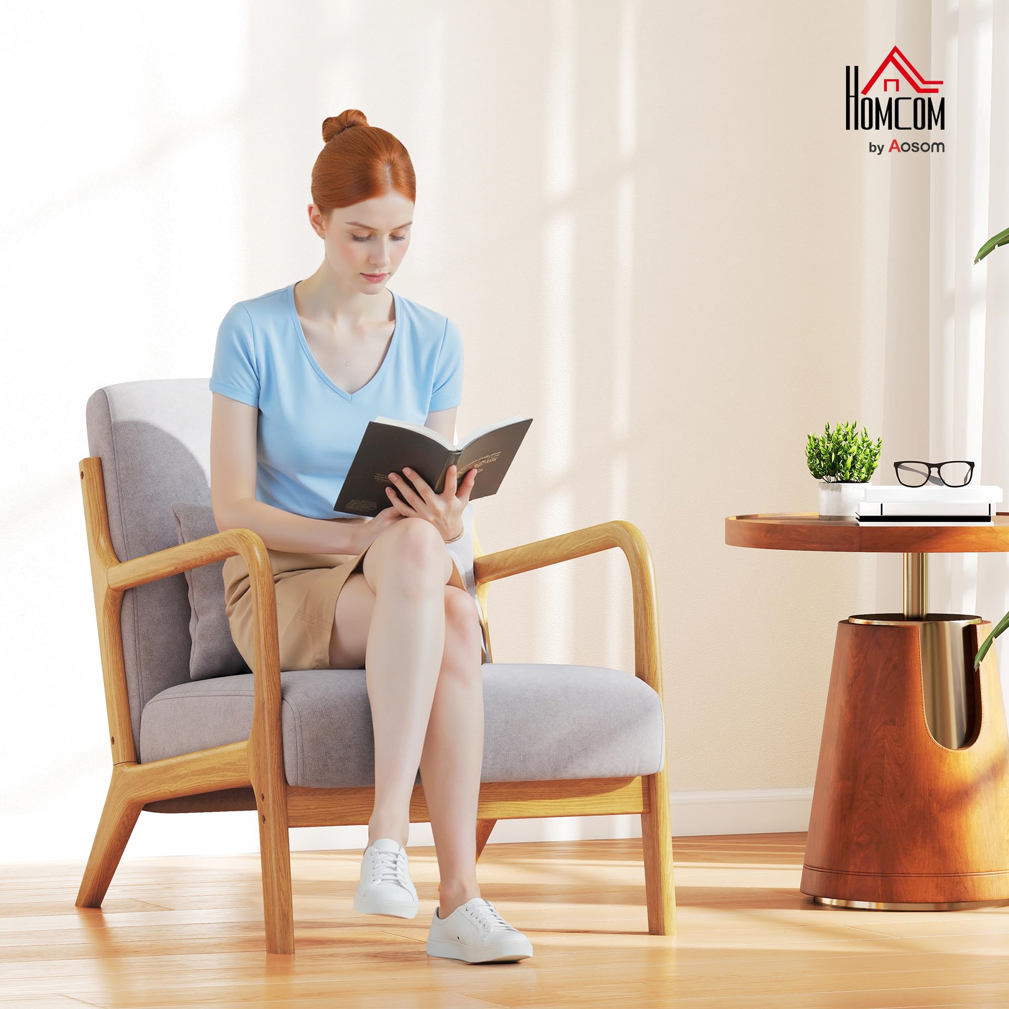 HOMCOM Sessel Loungesessel mit Armlehne, Lendenkissen, Gepolstert Relaxsessel mit Holzrahmen, Samtoptik, S-Feder, für Schlafzimmer, Wohnzimmer, Grau