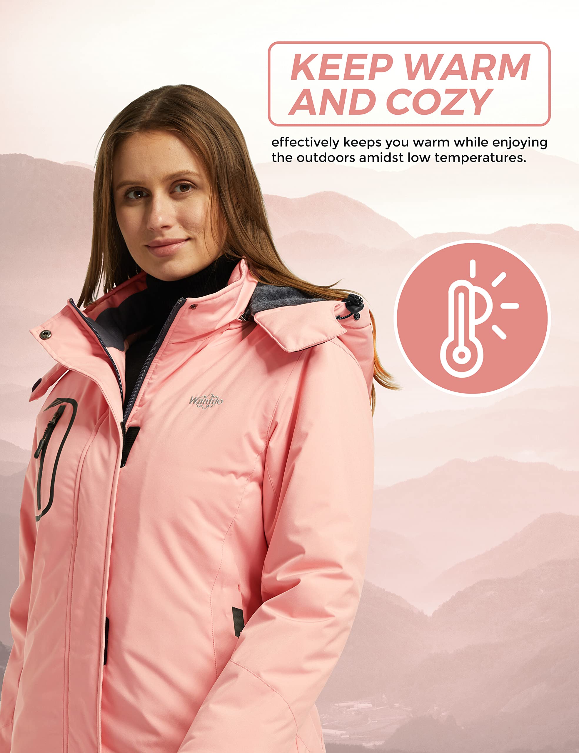 Wantdo Giacca da Sci Montagna Invernale Parka da Neve Caldo con Cappuccio Cappotto da Snowboard Giubbotto da Escursionismo Impermeabile Donna
