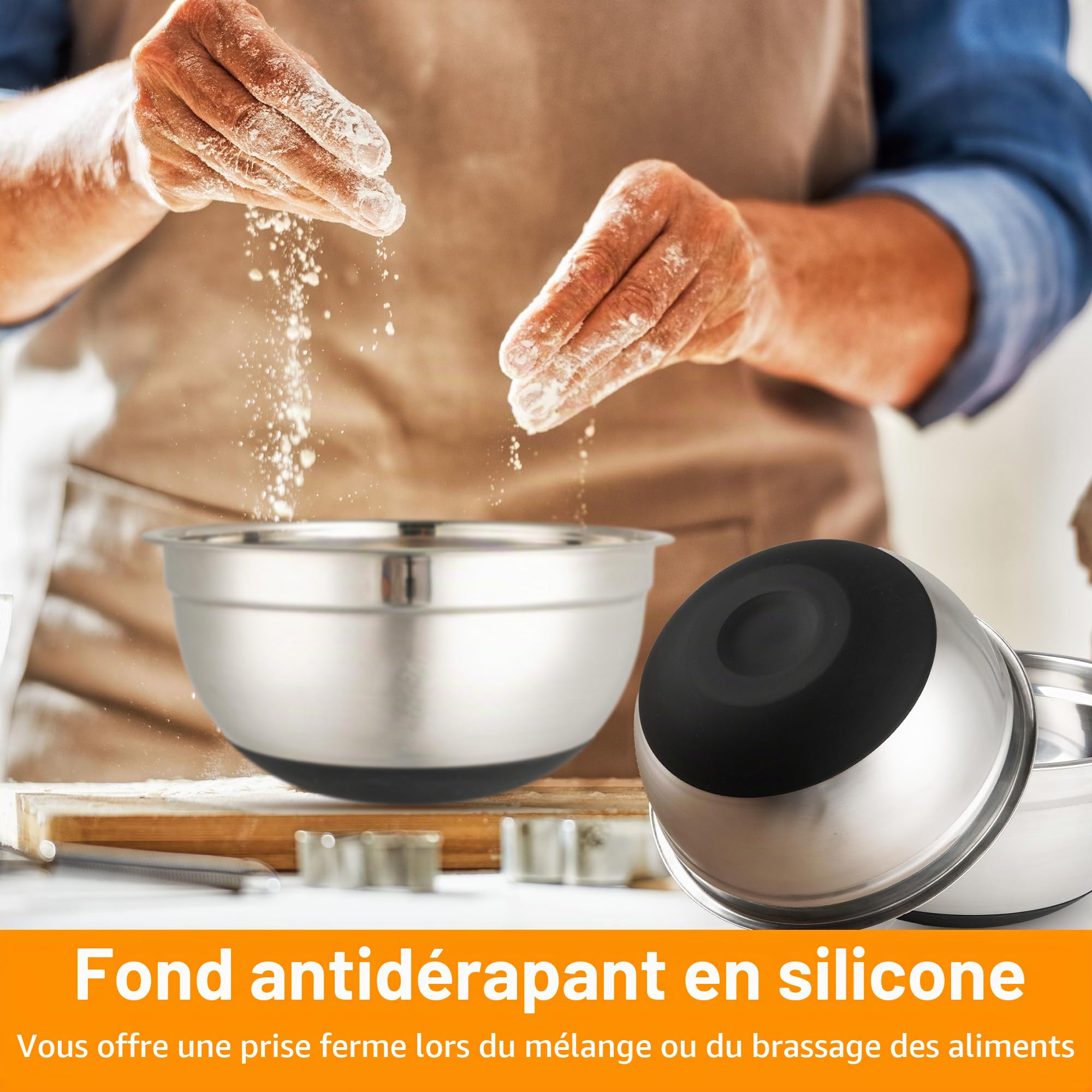 KUOGAS Lot de 5 Saladiers Avec Couvercle,cul de Poule Inox,3 Râpes, grand Saladier Inox AntidéRapant avec Couvercle, Empilable, Protection anti-éClaboussures, Passe au Lave-Vaisselle