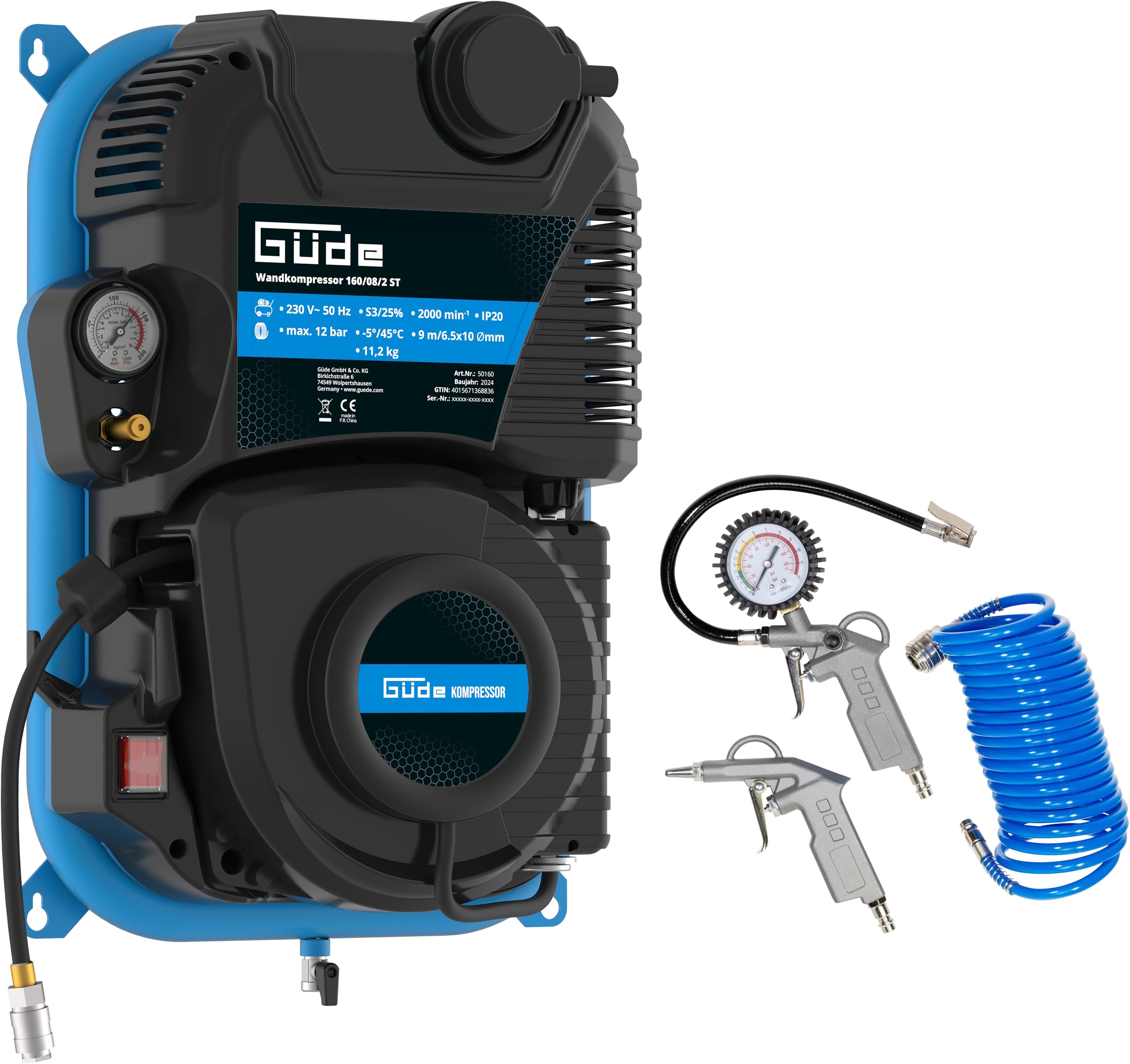 Güde 160/08/2 ST Wandkompressor mit Druckluft-Set - 230 Volt, 2 Liter Kessel, 1100 Watt, max. Druck 8 bar, eff. Liefermenge bei 0 bar 90 l/min, inkl. Reifenfüller, Ausblaspistole, 5 m Spiralschlauch