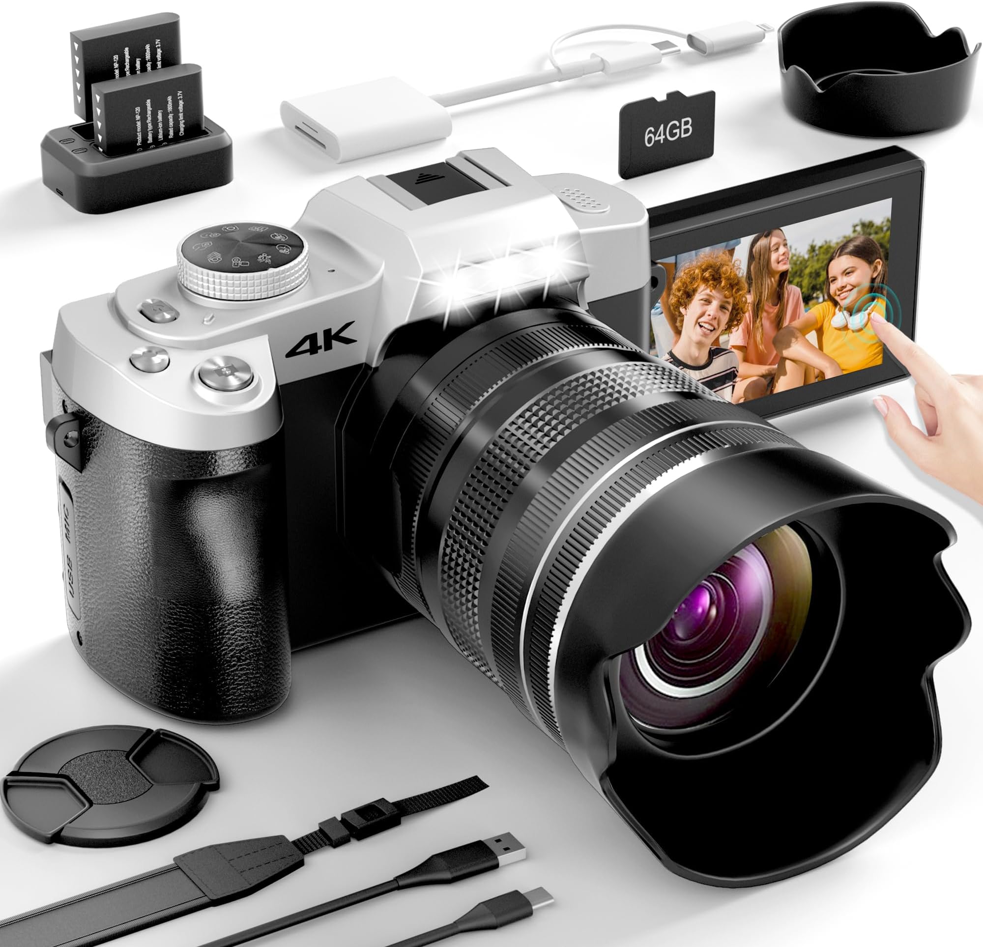 Yatao Cameras for Photography & Vlogging,75MP 4K Digital Camera with Flip Touchscreen, 10X Optical Zoom, WiFi, 64GB TF Card, Card Reader, Compact YouTube Camera for Travel, Beginners, Creators