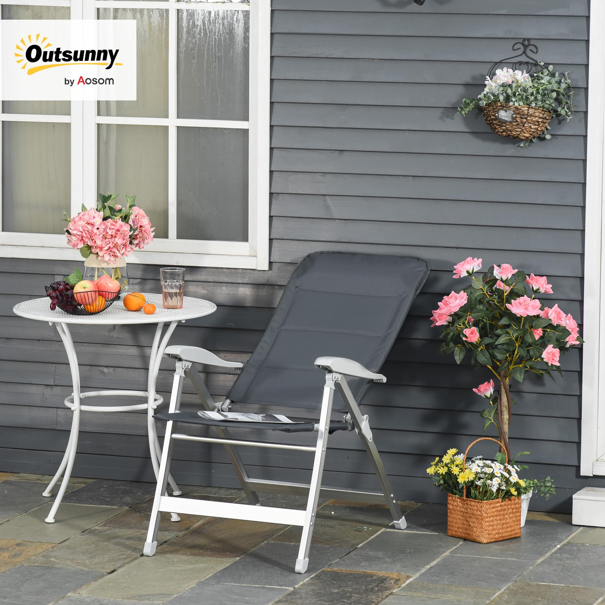 Outsunny Sedia da Pesca Pieghevole con Schienale Alto Regolabile e Braccioli, Sedia da Esterno in Tessuto Oxford e Alluminio Idrorepellente, 75x61.5x76-115 cm, Grigio