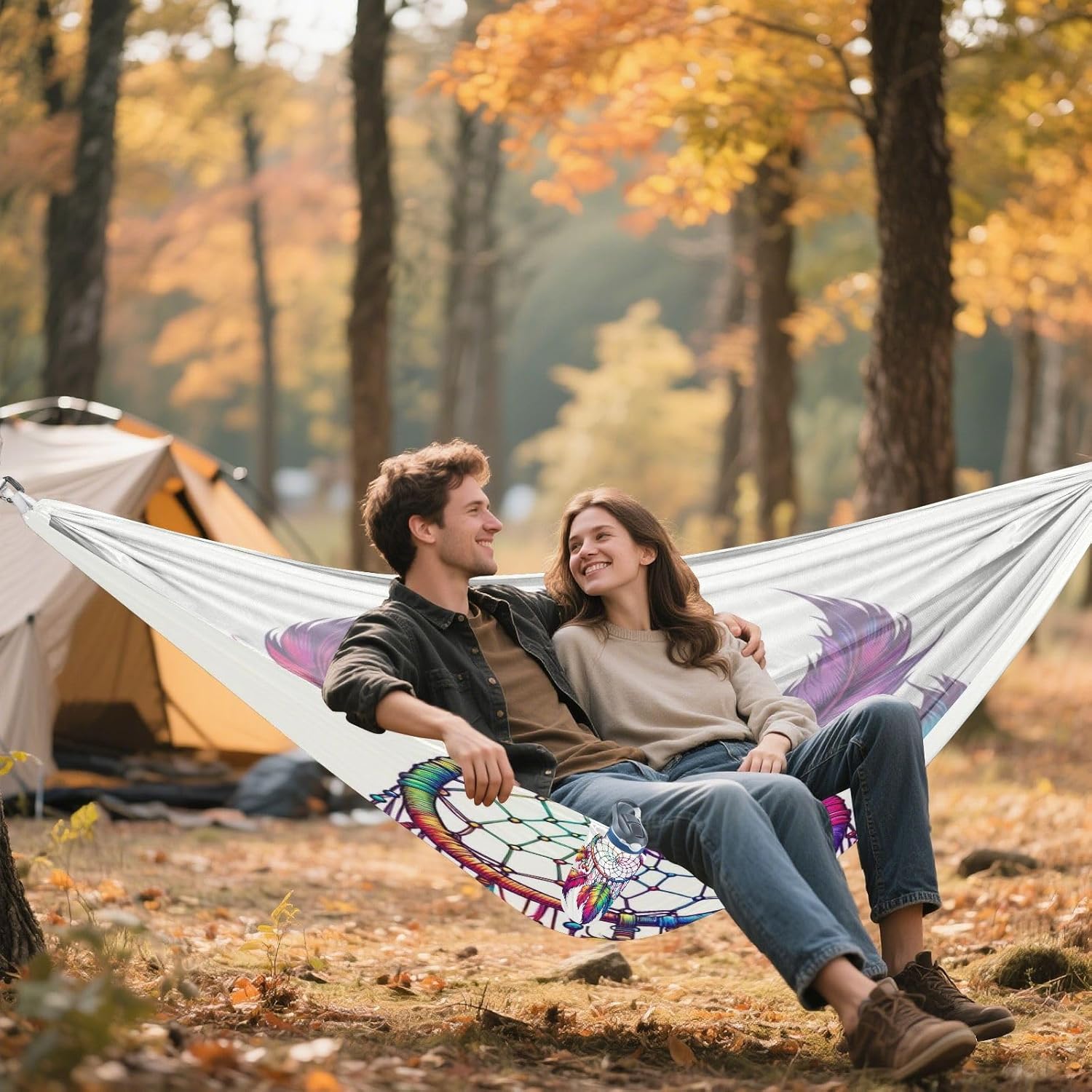 ALAZA Rainbow Dreamcatcher Camping Hammocks Single or 2 Person 500 lbs Portable Parachute Travel Hammock w/Tree Straps for Hiking Backpacking Indoor Outdoor