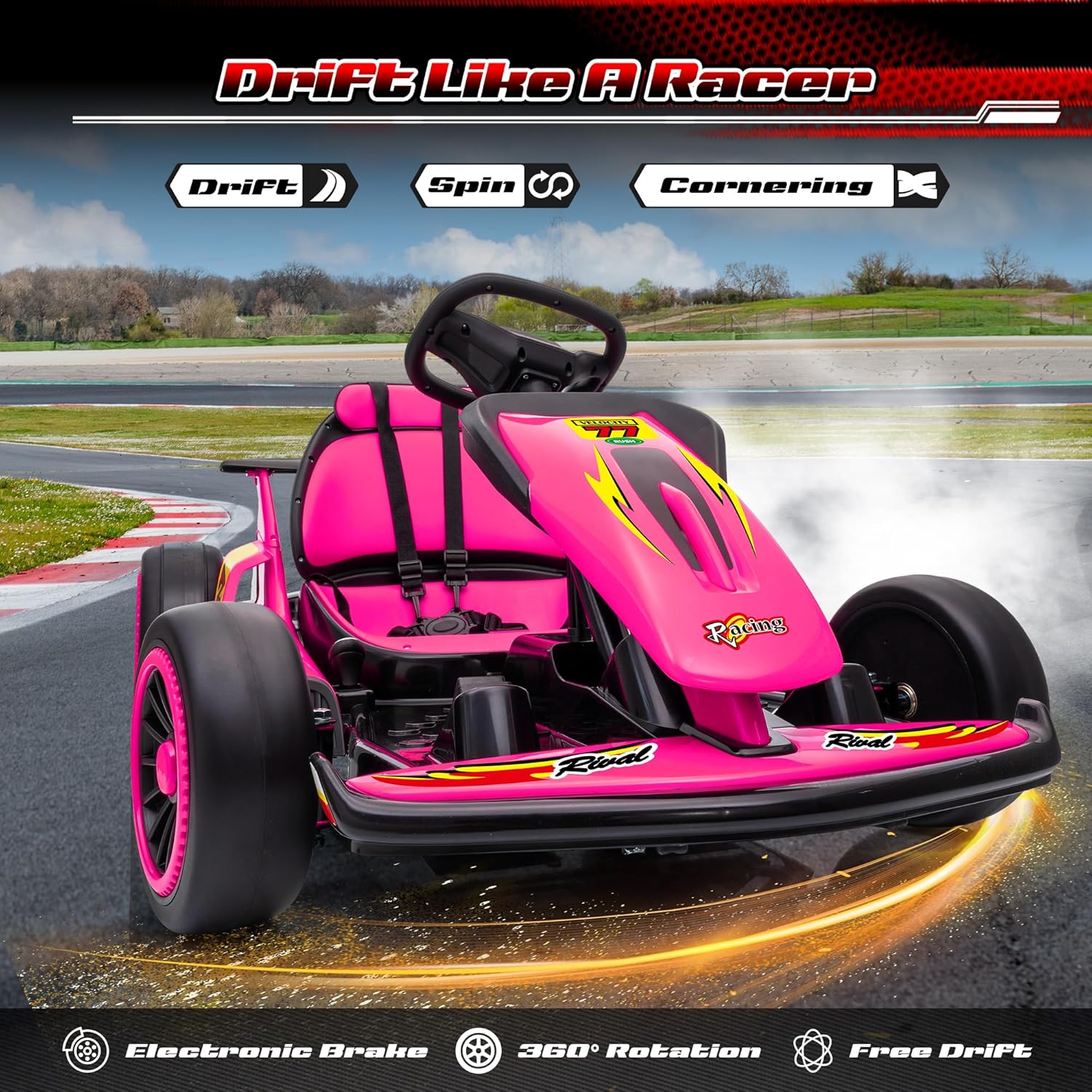 24V Go Karts for Kids Ages 6-12, 400W Electric Go Kart with EVA Tires, Max Speed 8.1 MPH, High/Low Speed, Music, USB, Fast Drift Go-Kart Outdoor Ride on Toy for Boys Girls (Rose Red)