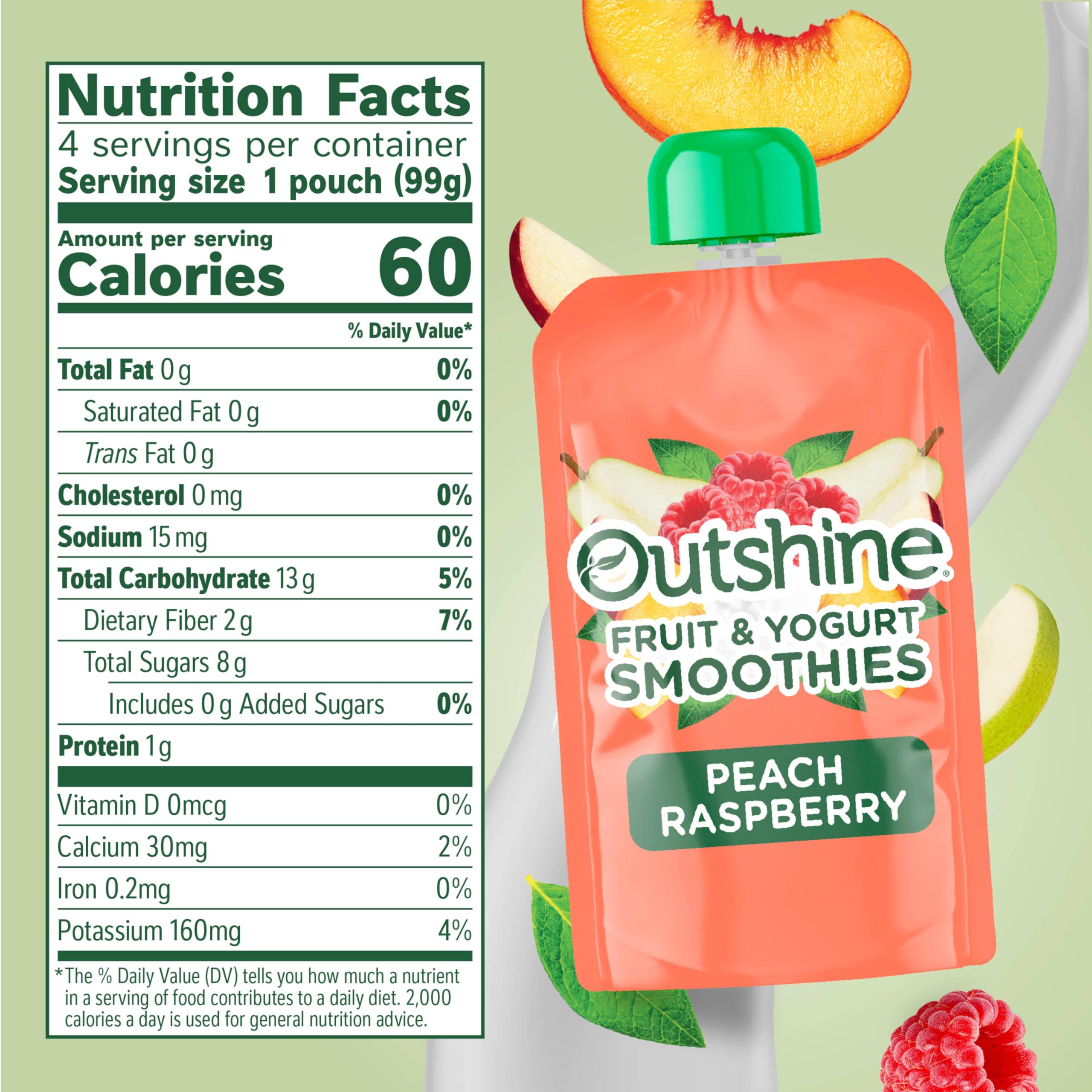 Outshine Fruit & Yogurt Smoothie Peach Raspberry, Smoothie Pouch, On The Go Snack, 4Pk 14 oz