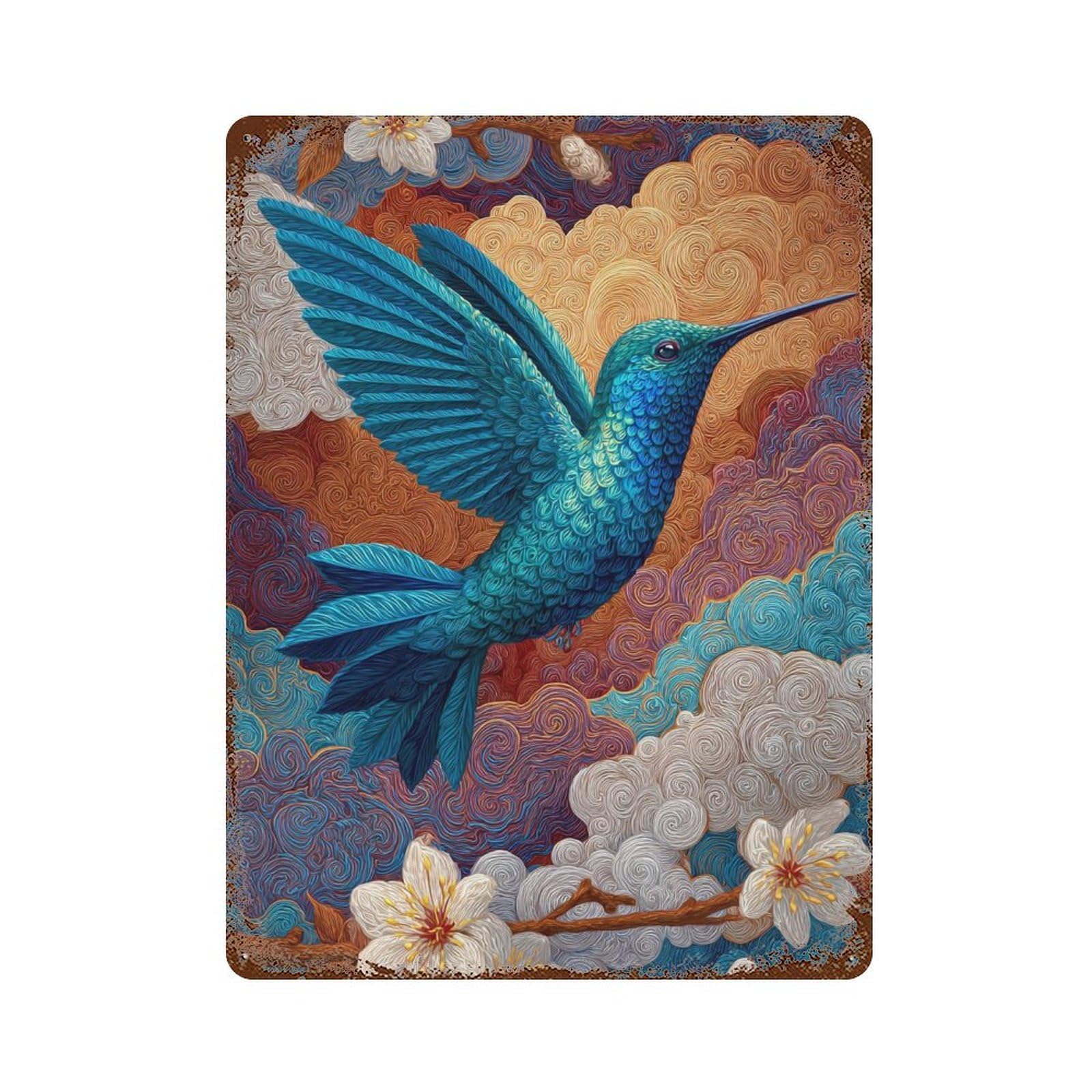Hummingbird in Flight with Flowers Decorative Tin Sign 15.7"x11.8", Ideal for Garage, Bar And Workshop Decor