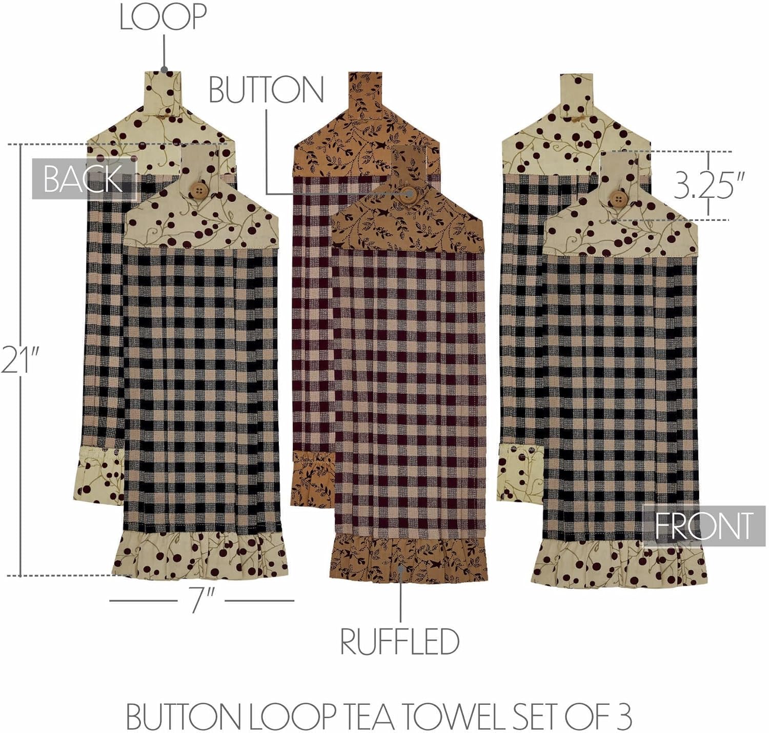 Rustic Checkered Cotton Button Loop Kitchen Towel Set of 3