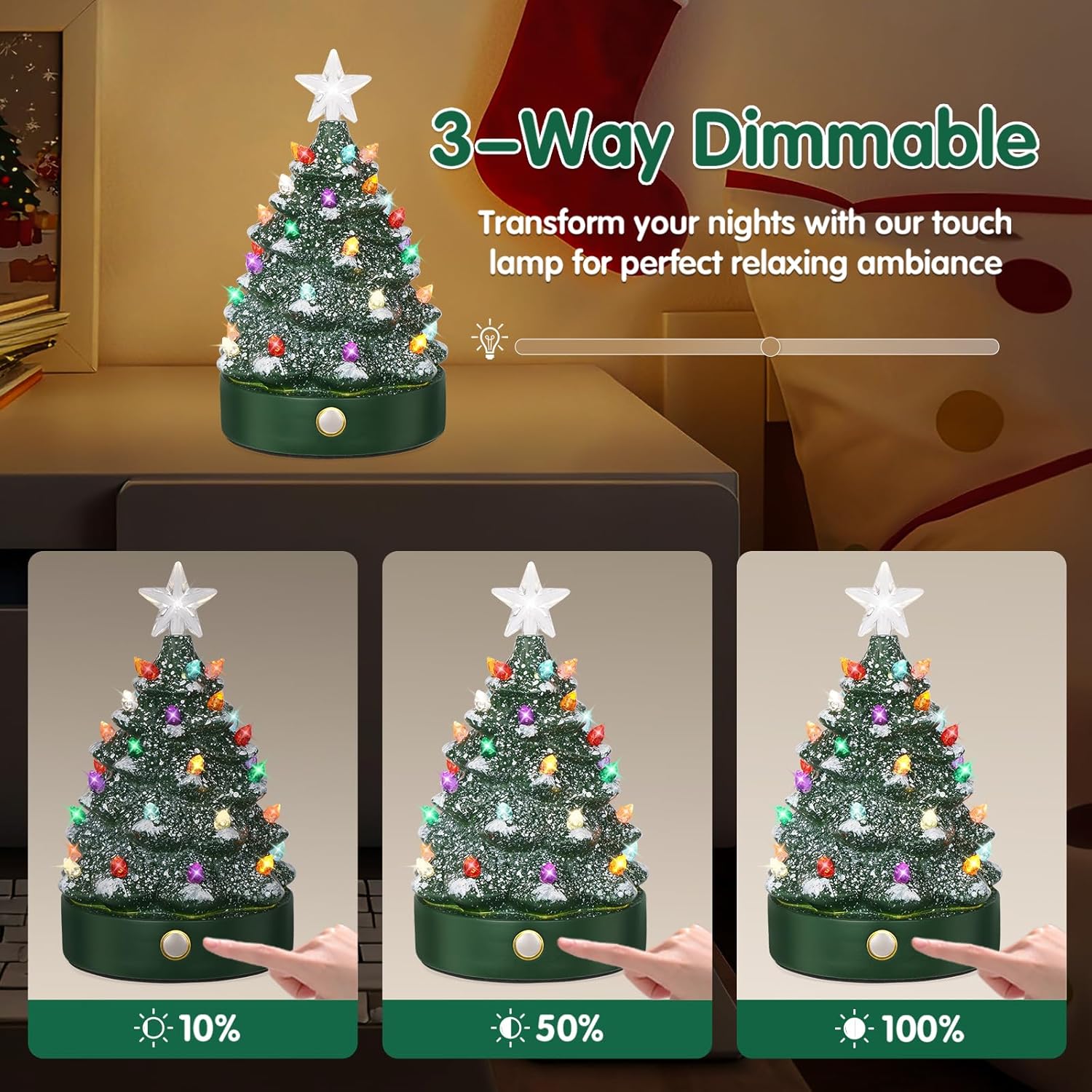 Brightever Set of 2 Small Christmas Tree Touch Control Night Lights - 7H Shatterproof Snowflake Xmas Tree Table Lamp USB Rechargeable for Vintage Christmas Decor, DIY White/Gold Star Toppers Included