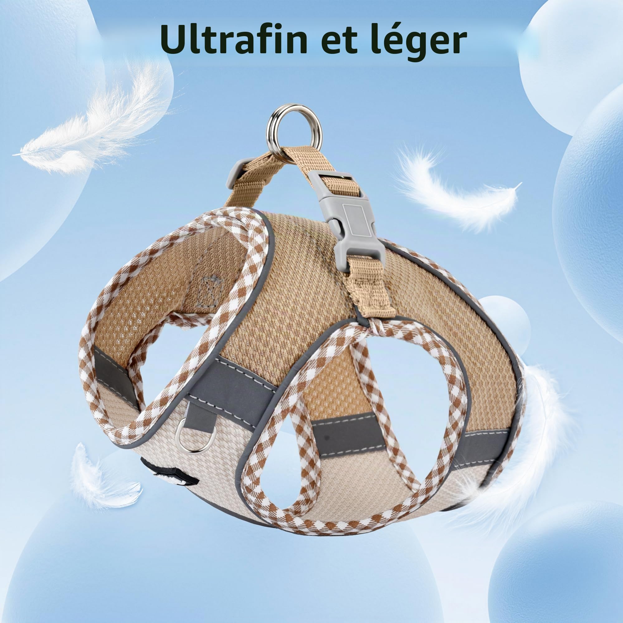 AIITLE Ensemble Harnais et Laisse pour Chien pour la Promenade, Harnais pour Chiot, Bandes réfléchissantes, pour très Petits Chiens et Chats domestiques Marron-Beige XXXS