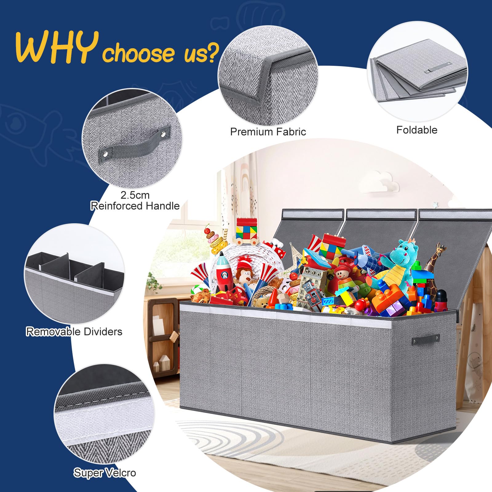 ELUCHANG Caja de Almacenamiento para Juguetes, 147L - Baúl Grande Plegable para Juguetes de Niños y Niñas, Organizador con Tapa Abatible para Ropa, Habitación, Guardería, Gris