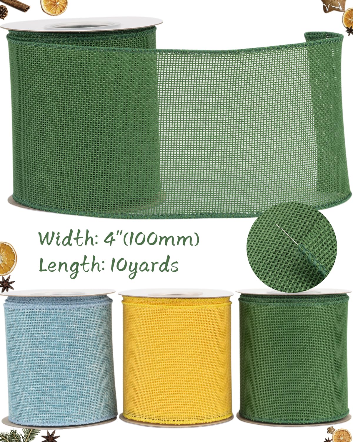 Tekdeere Burlap Ribbon 100mm x 9 Meters, Emerald Green Wired Ribbon for Crafts, Gift Wrapping, Wreaths, Bows, Tree Decoration and Outdoor Decoration - Image 2