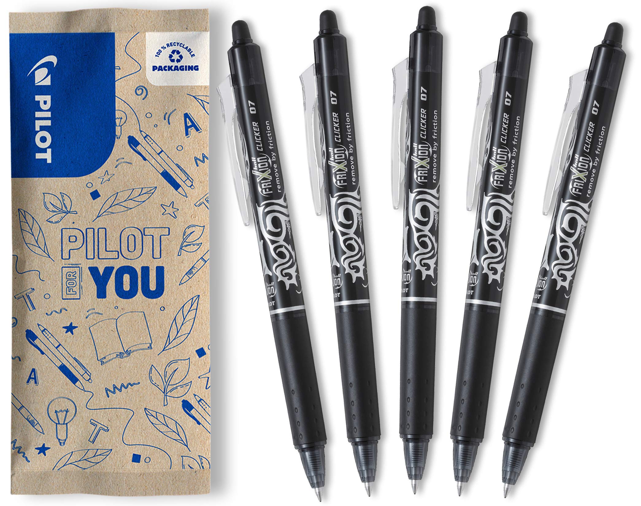 PILOT - 5uds FriXion Clicker - Bolígrafo Roller borrable - Negro - Punta Media