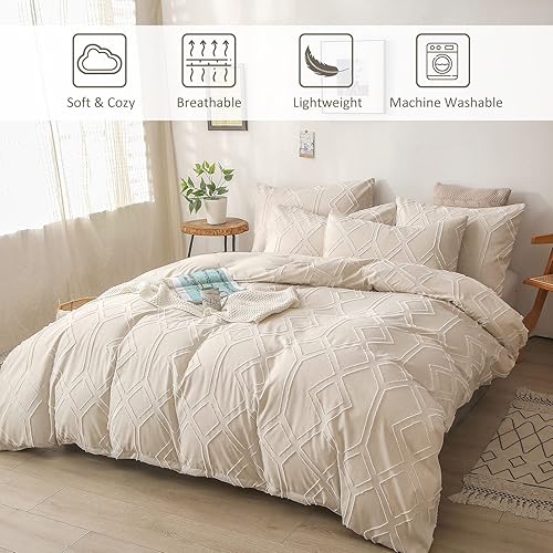 Miniatura 2 de Dobuyly Juego de edredón bohemio tamaño King, color beige crema desgastado y elegante, juego de ropa de cama jacquard de 3 piezas de microfibra de