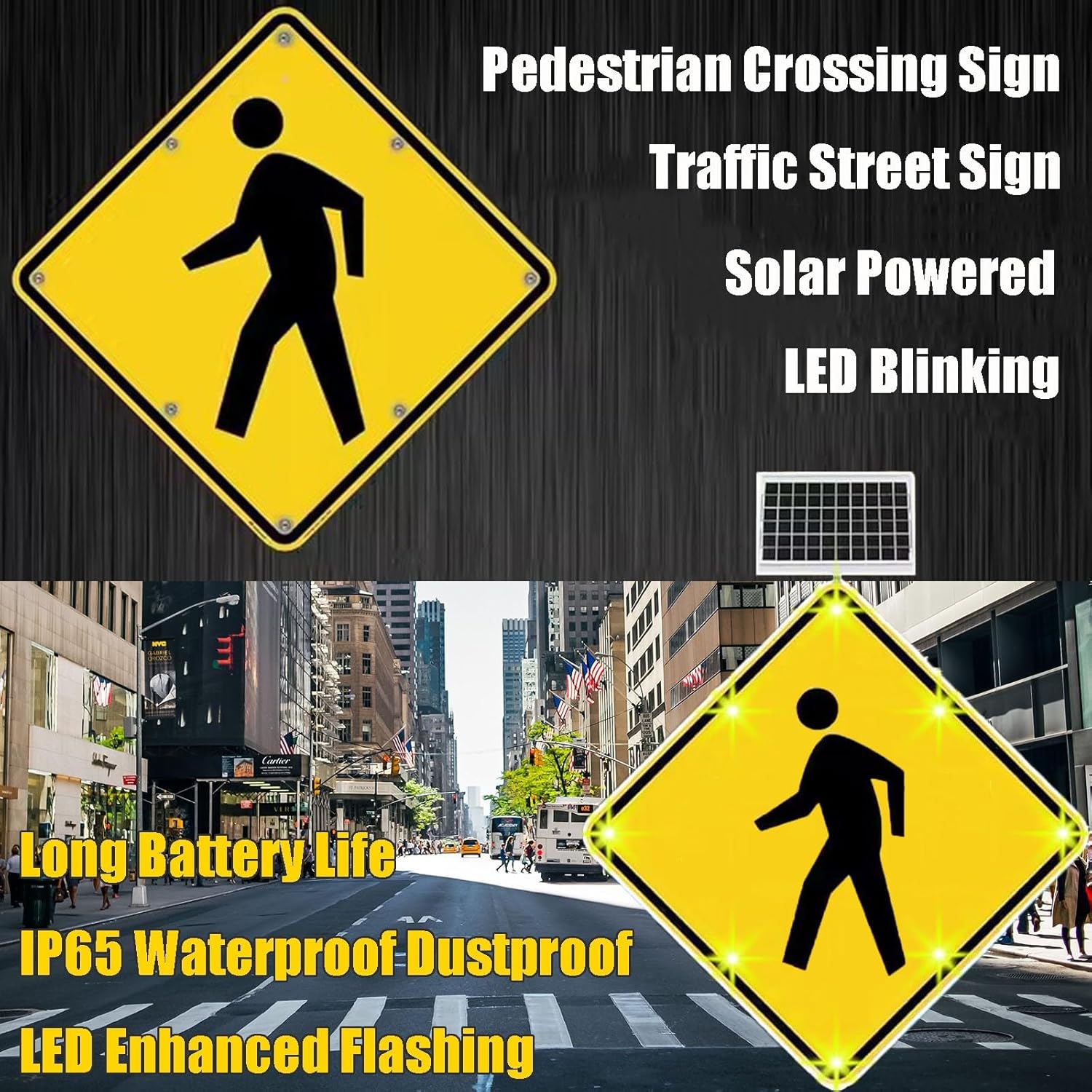 24" x 24" Solar-Powered LED Blinking Pedestrian Crossing Sign, High Brightness Reflective Aluminum Traffic Warning Sign for Enhanced Safety