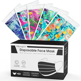 50 Pack Summer Print Adult Disposable Face Masks,3-Ply Individually Wrapped Non-Woven Breathable Face Masks with Designs, for Mouth and Nose Protection Dust for Women, Men