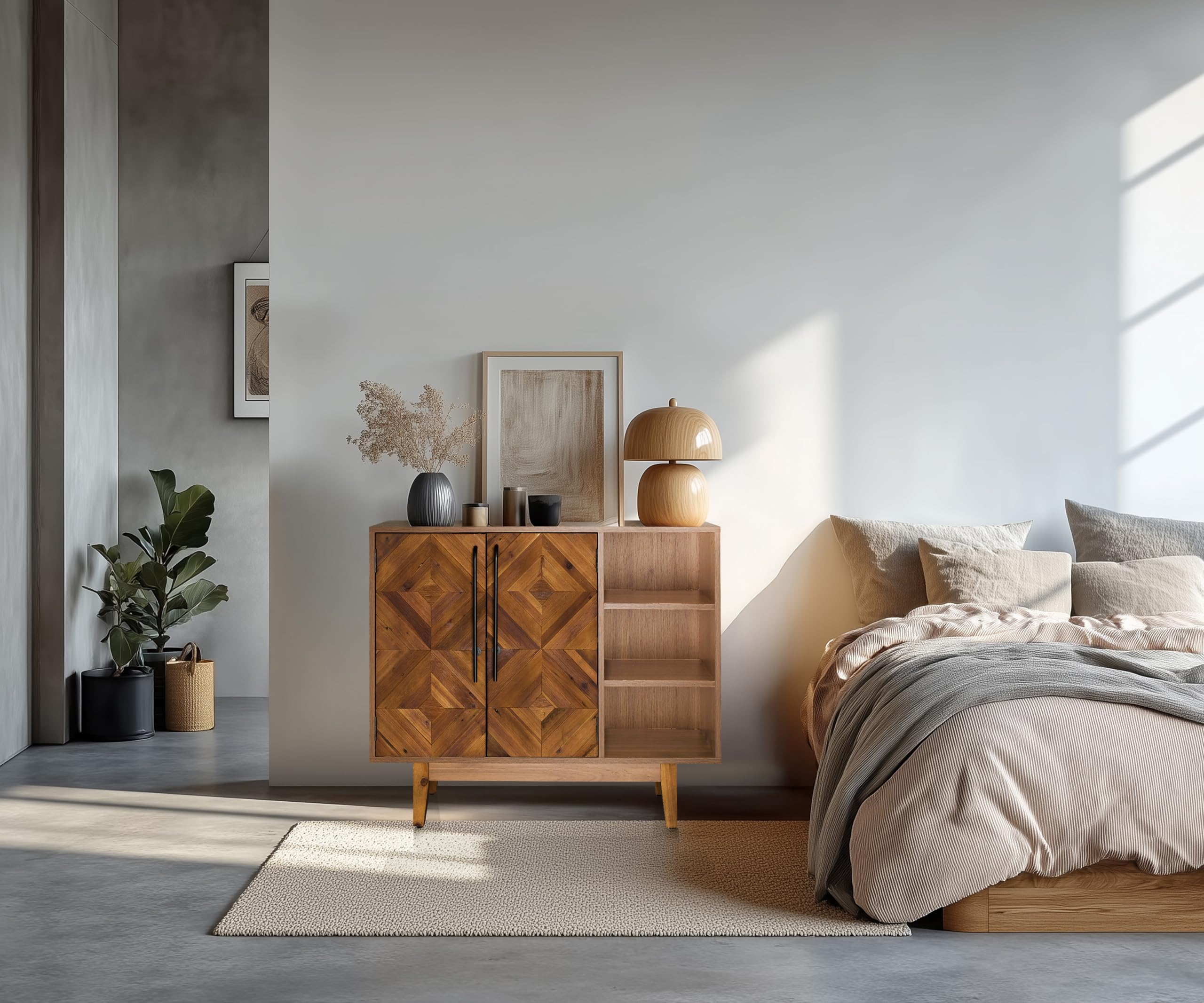 Cómoda de Madera con Aspecto de Espiga SANTJAGO Wood L Cómoda con 2 Puertas y 3 Compartimentos Abiertos, Mueble de almacenaje 95 x 32 x 79,5 cm