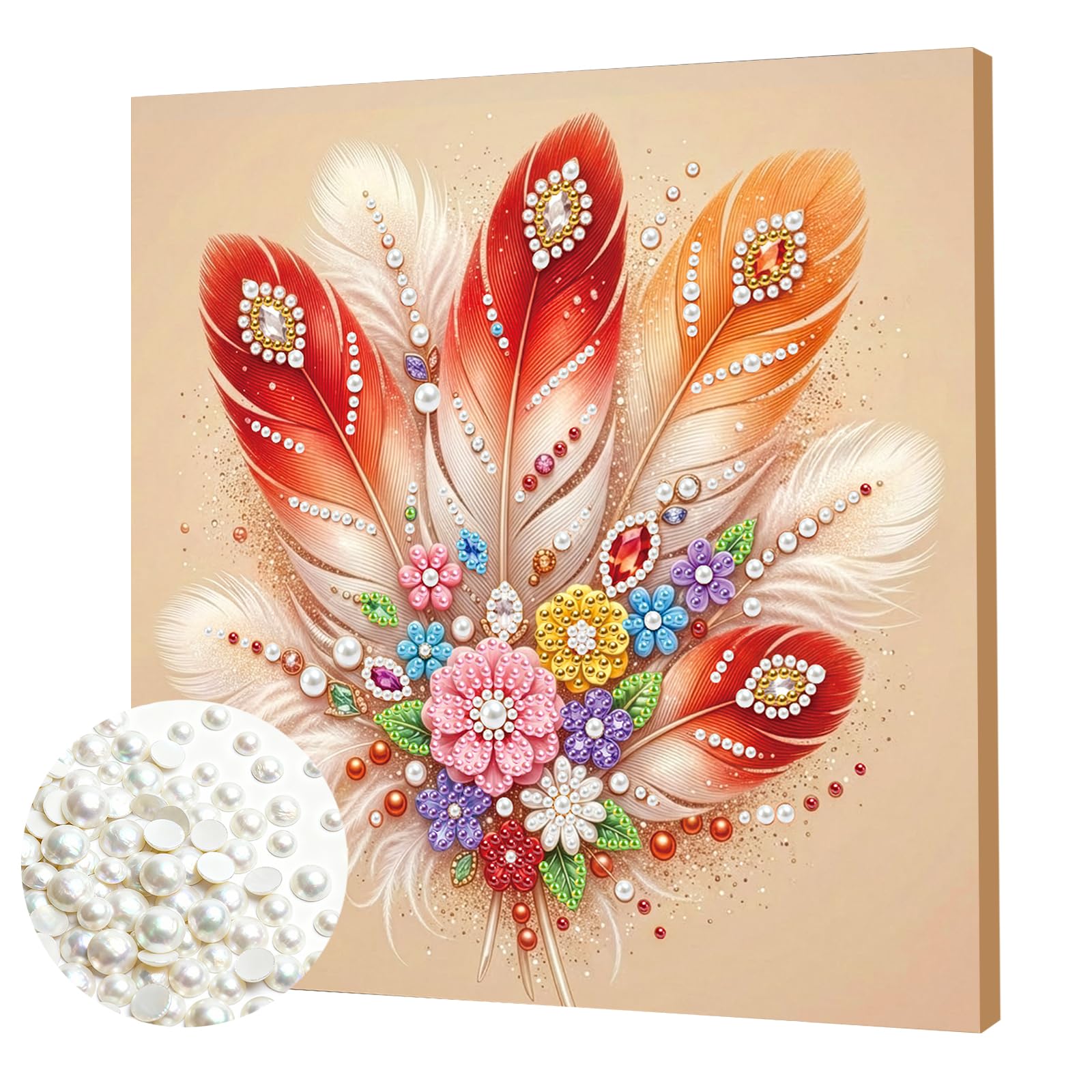 DIY Pearl Painting Kit with Wooden Frame, 3D Plastic Pearl Art Diamond Art Kits for Adults, Ready-to-Hang Home Decor, Gift for Women Beginners(Feather)(25 * 25cm)