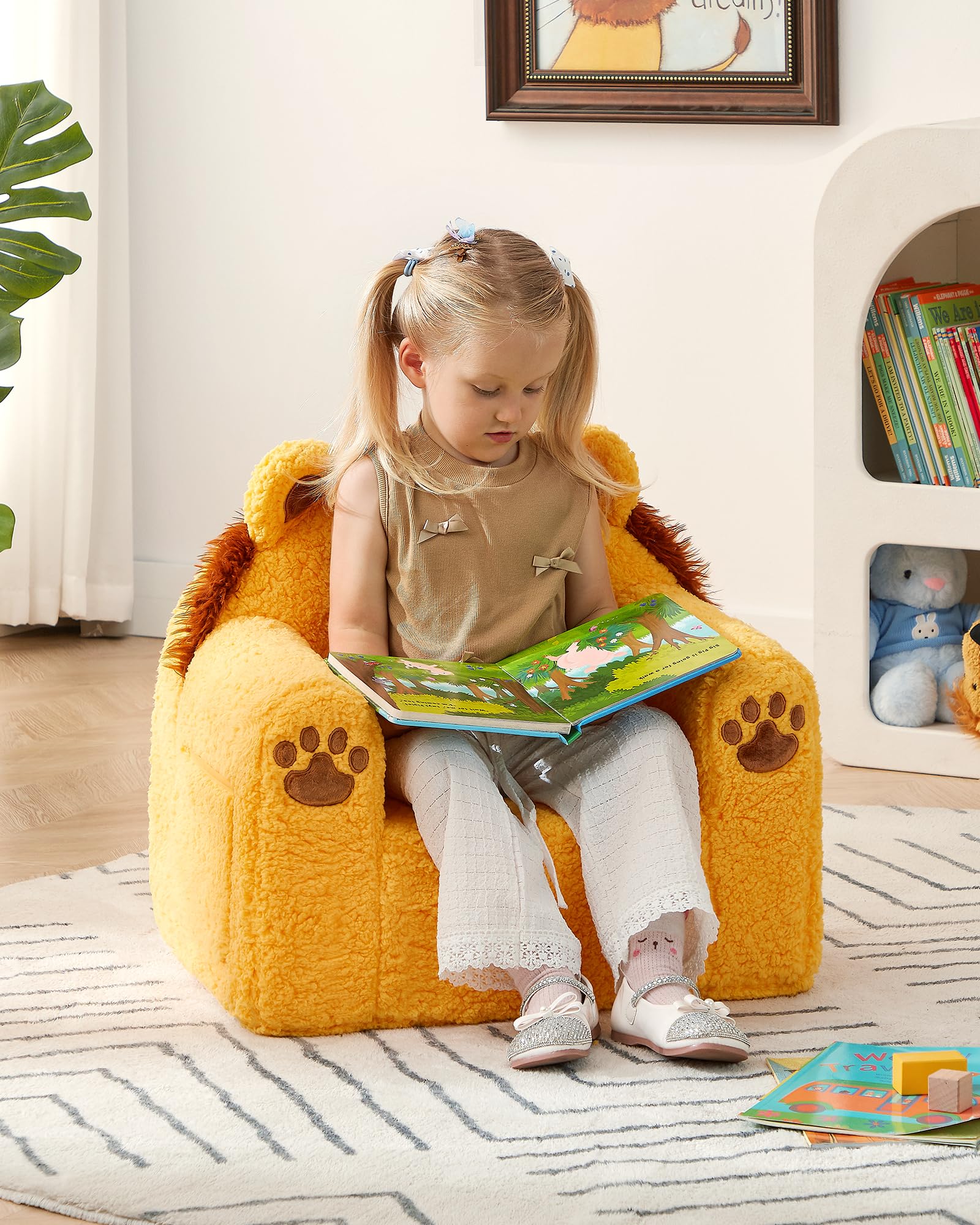 BEJOY Sofa dziecięca, bardzo miękka pianka, fotel dziecięcy, pojedyncze siedzenie Sherpa kanapa do czytania dla chłopców i dziewczynek, żółty lew