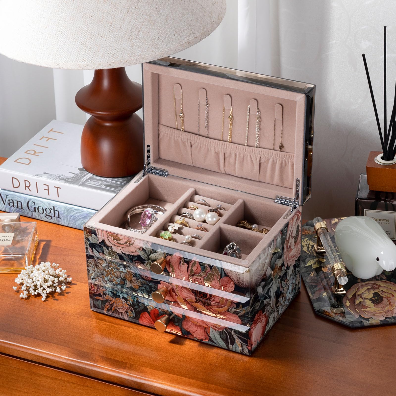 Joyero de cristal con patrón floral, organizador de joyas de 3 niveles para mujeres y niñas, cajas decorativas de regalo de joyería, organizador de mesa para aretes, collar, regalo para