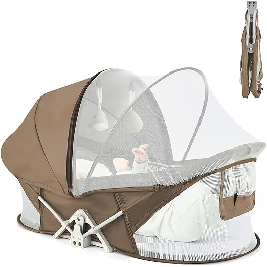ISELECTOR Portable Baby Bassinet for Baby Travel, Baby Cribs Travel Pod for Outdoors Baby Lounger Infant Travel Bed with Mosquito Net and Sunshade Canopy, Lightweight Washable (Brown)