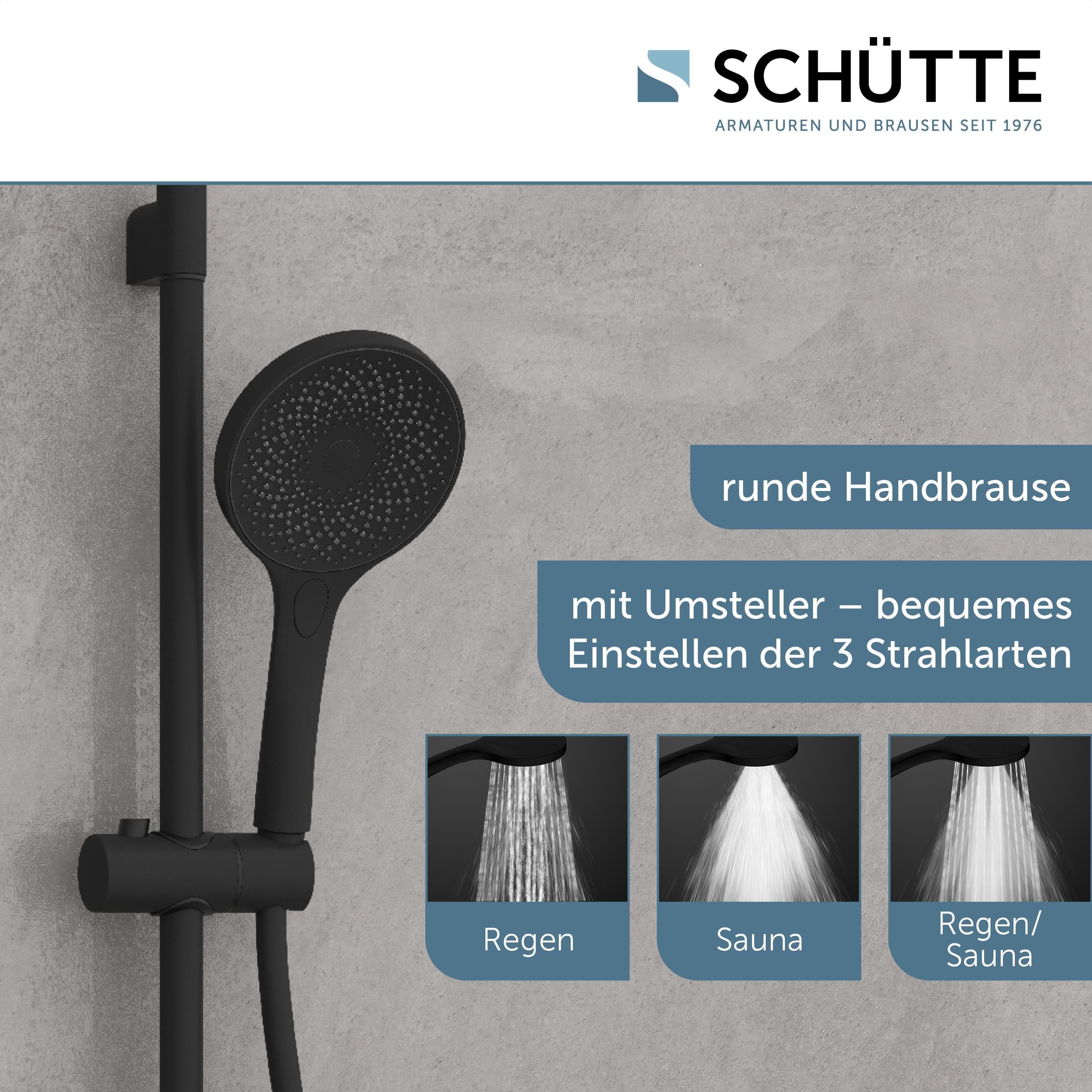 Schütte Capri 64996 - Barra de ducha y alcachofa de ducha con cabezal ajustable en 3 posiciones, juego de ducha con columna de ducha, cabezal de ducha con manguera y soporte, panel de ducha de lluvia,