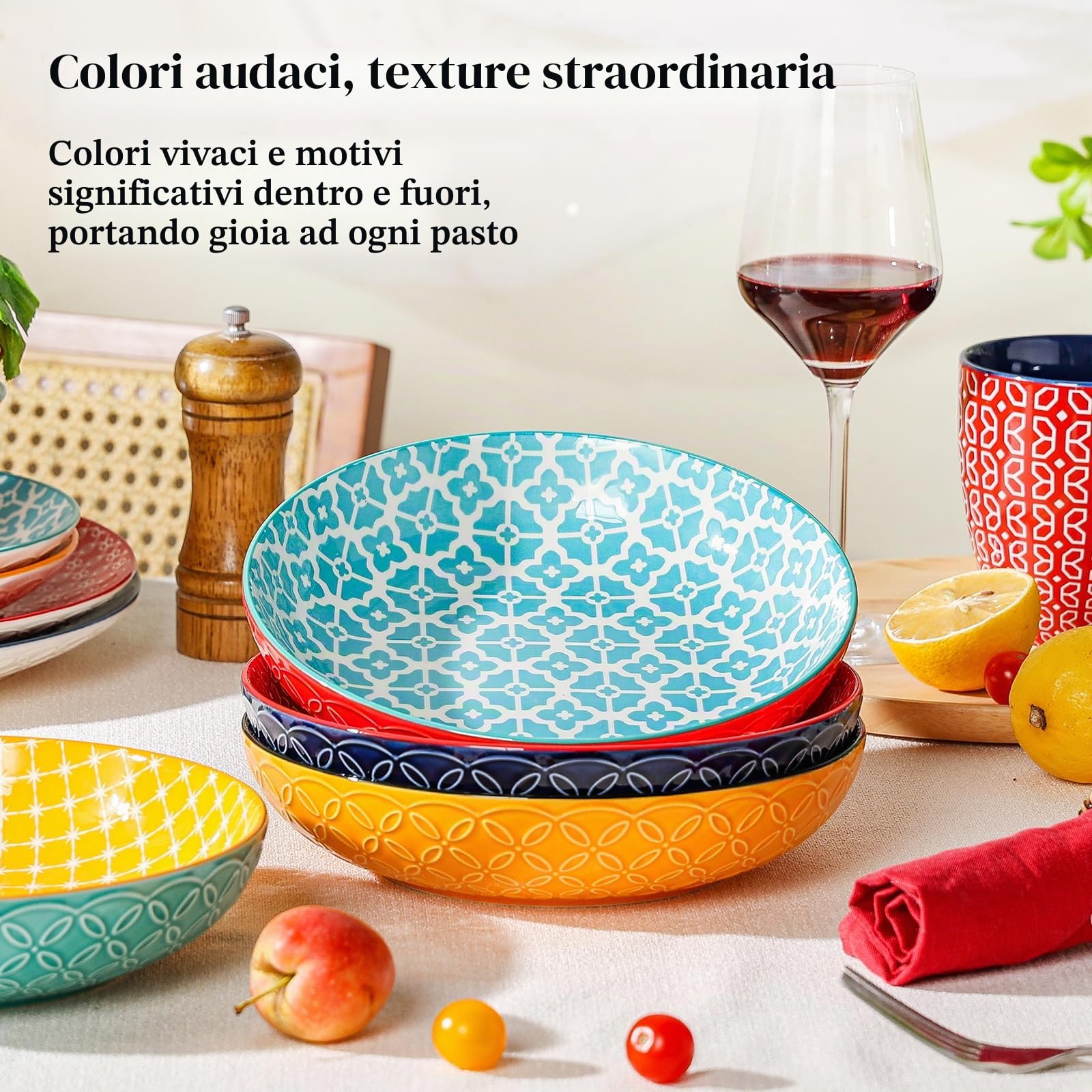 DOWAN Ciotole per Pasta dai Colori Vivaci, Grandi 20,5 cm, in Porcellana Set di 4, Ciotole per Pasta, Insalata, Zuppa, Farina d'Avena, Motivo Misto