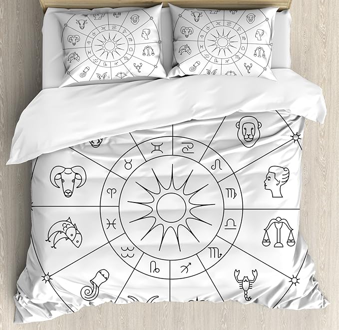 Ambesonne Astrology Duvet Cover Set, Sketchy Zodiacal Circle with Astrology Signs Aries Aquarius Pisces Lion Art, Decorative 3 Piece Bedding Set with 2 Pillow Shams, King Size, Black and White