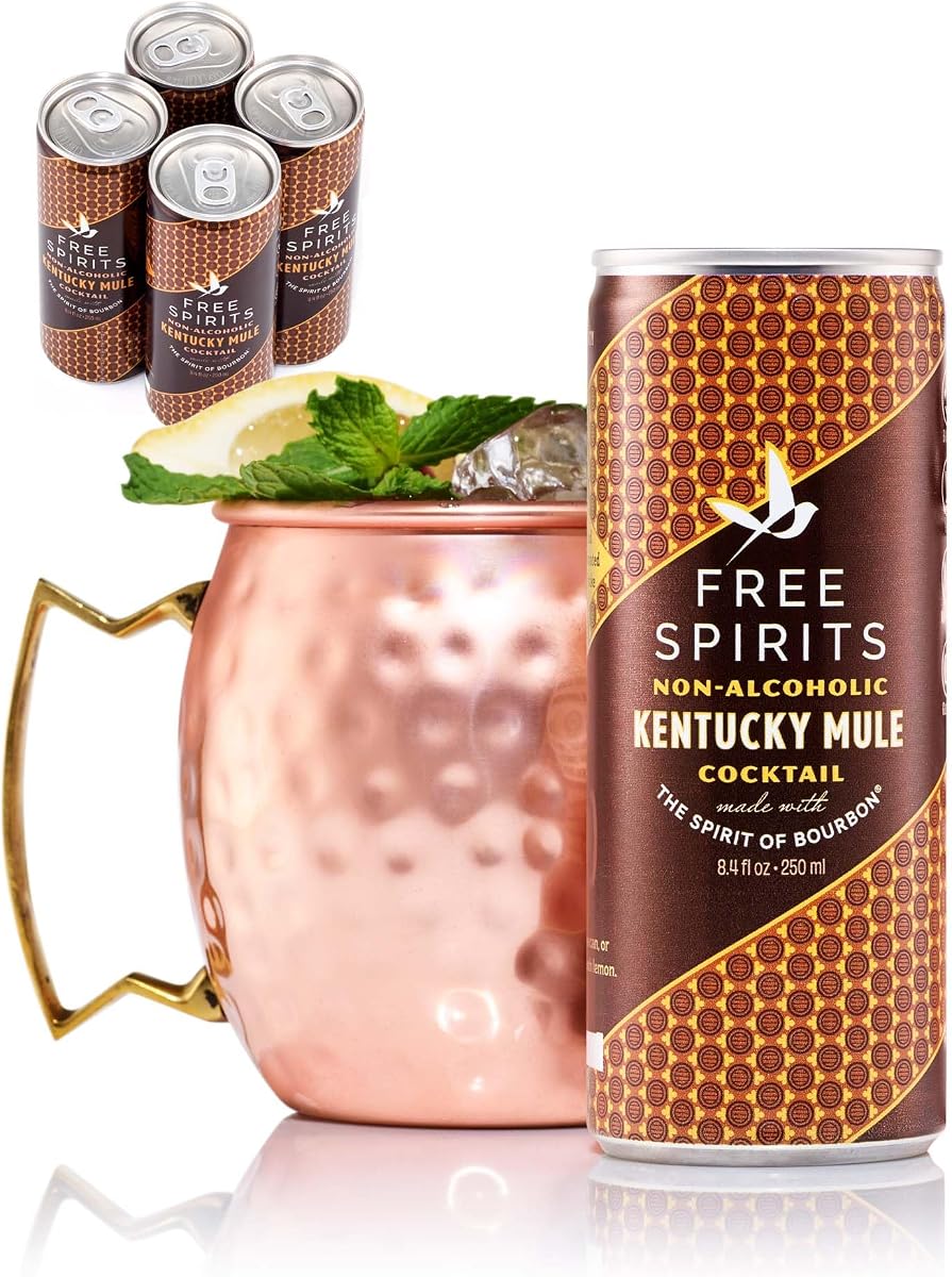 Free Spirits Zero Proof Kentucky Mule Ready-to-Drink, 8.4 fl oz, 4 Ct. | Bold Bourbon Flavor Style Non-Alcoholic Mocktail Canned Drink, Low Calorie, Bar Quality, Vegan, Gluten-Free, Made In The USA