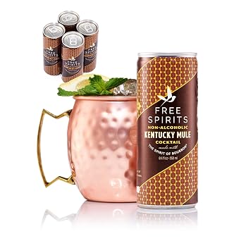 Free Spirits Zero Proof Kentucky Mule, Bold Bourbon Style Non-Alcoholic Ready-to-Drink Mocktail, Low Calorie, Made In The USA, 8.4 fl oz, Pack of 4