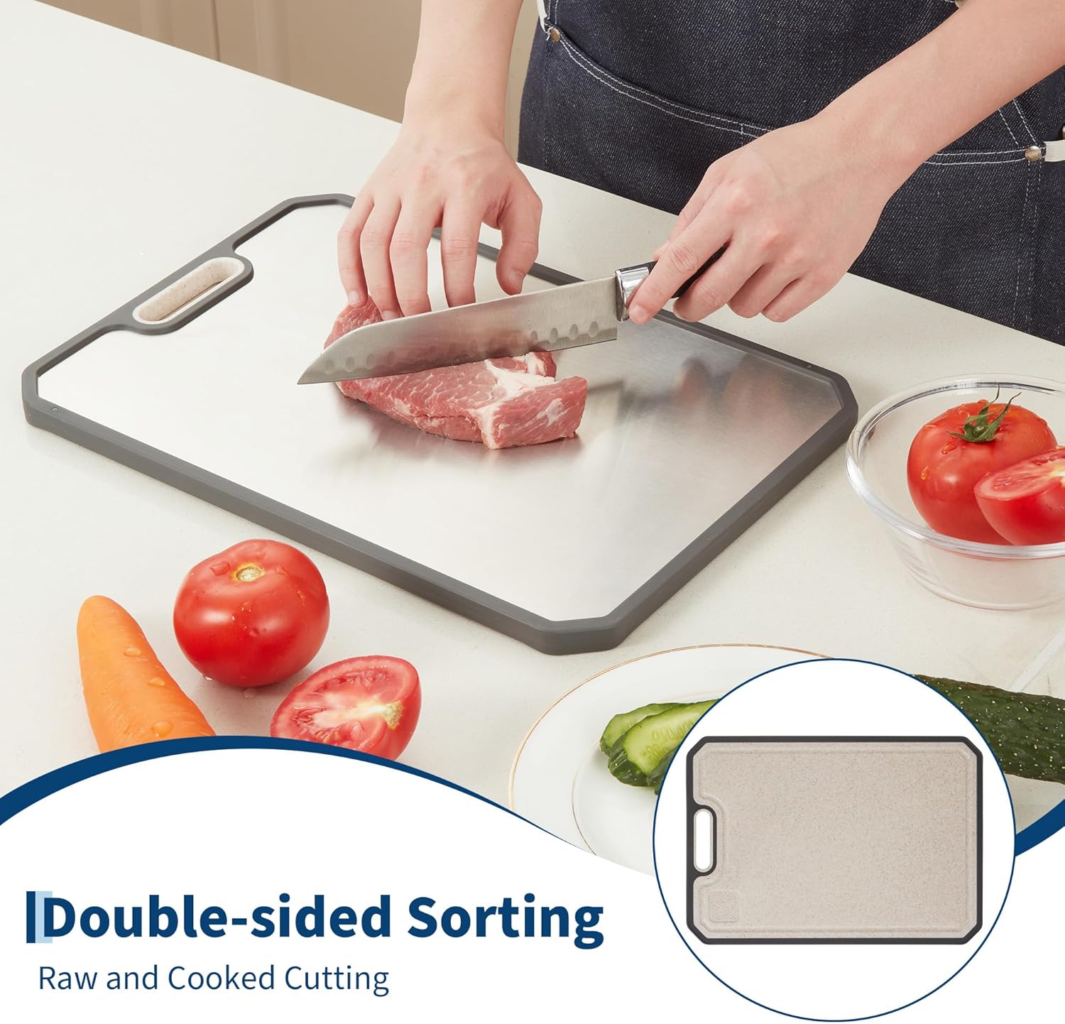 Garvee 304 Stainless Steel Cutting Board for Kitchen, Double Sided Chopping Board with Deep Juice Groove & Handle, Stainless Steel/PP, Dishwasher Safe, 15x10 Inch (Large)