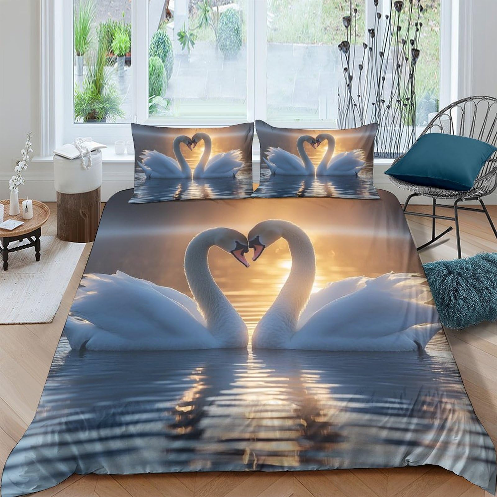 Ctjqhvkz Style-9 3D Printed Swan Sunset Fitted Sheet Microfiber Soft Waterproof Romantic Lake Bed Cover Bedroom Decor Single（135X200cm）