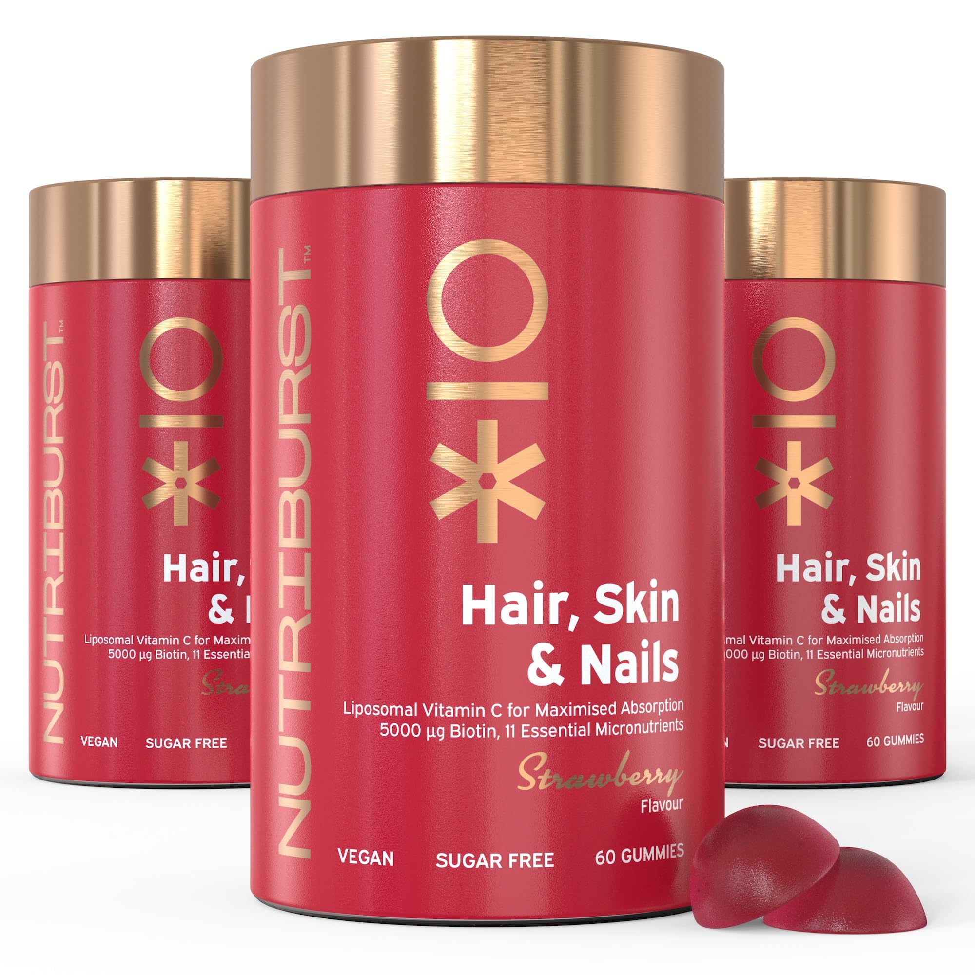 NUTRIBURST Hair Skin Nails Gummies Multipack 3 x 60 Kaubare Gummy-Vitamine | Biotin, Zink, Vitamin E | pflanzliche, zuckerfreie Nahrungsergänzung | fortgeschrittene Ernährung, vegetarisch, vegan