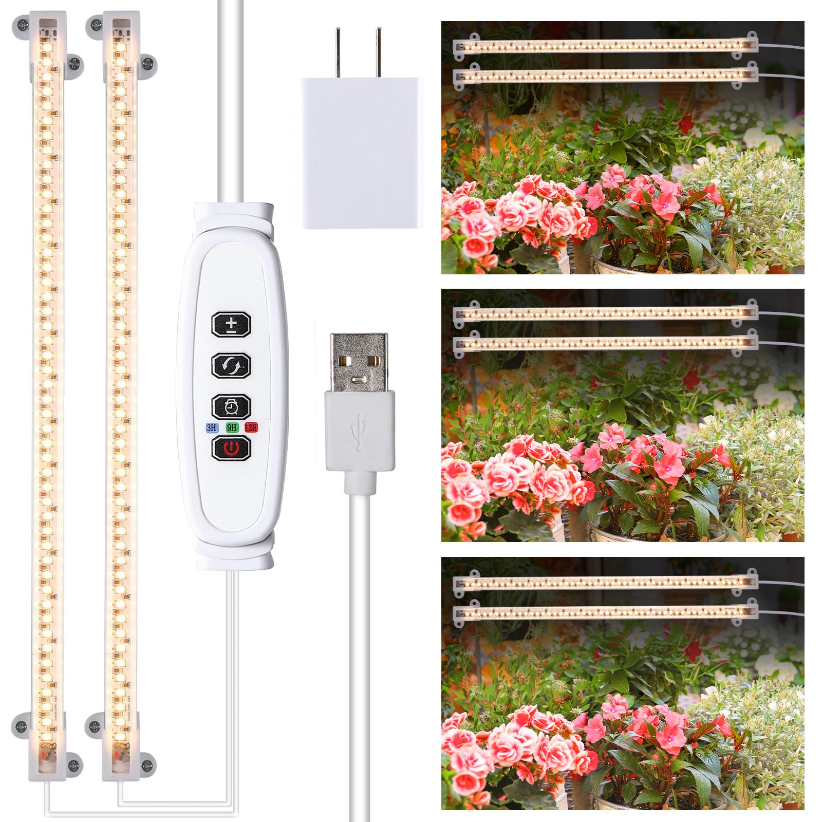 LED Grow Lights Strip for Indoor Plants, Full Spectrum Plant Light with 3/9/12H Timer & 10 Dimmable, 240 LEDs Grow Lamp Bar for Greenhouse, 3500K 2 Heads,16in