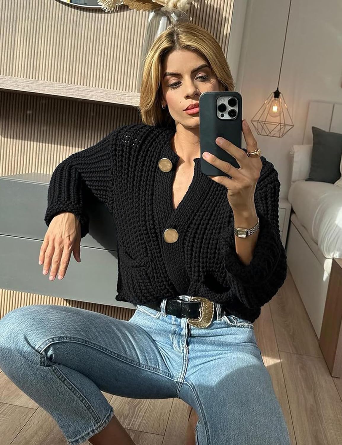 Yimoon Women's Cropped Cardigan Sweater Button Down Chunky Knit Sweater Long Sleeve Fall Open Front Cardigan - Image 3