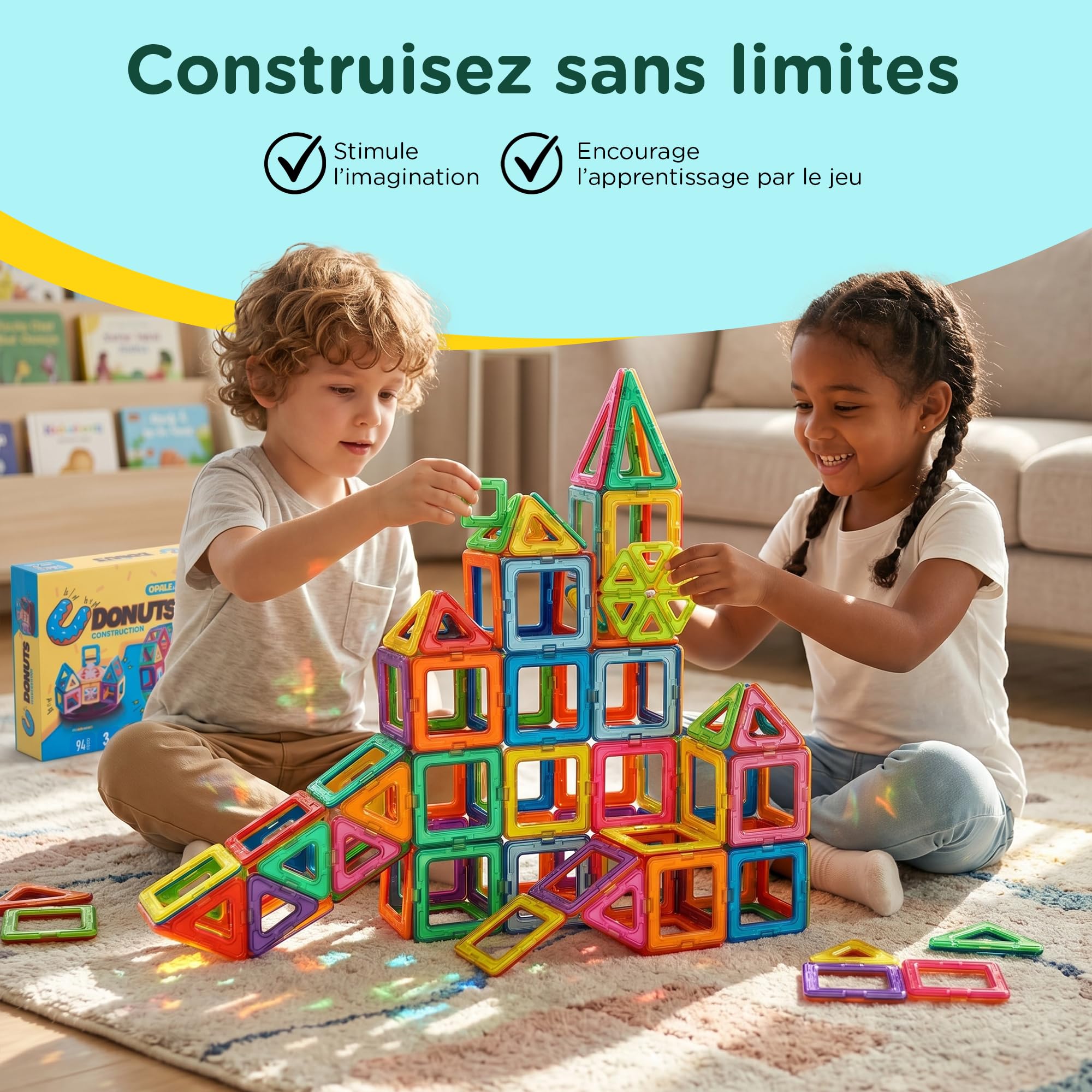 Jeu de Construction Magnétique Enfant 94 Pièces Tuiles Aimantées 3 Ans | 94 pieces, blocs et tuiles magnétiques, jouet éducatif STEM, inspiré Montessori, cadeau garçon fille, idéal voyage