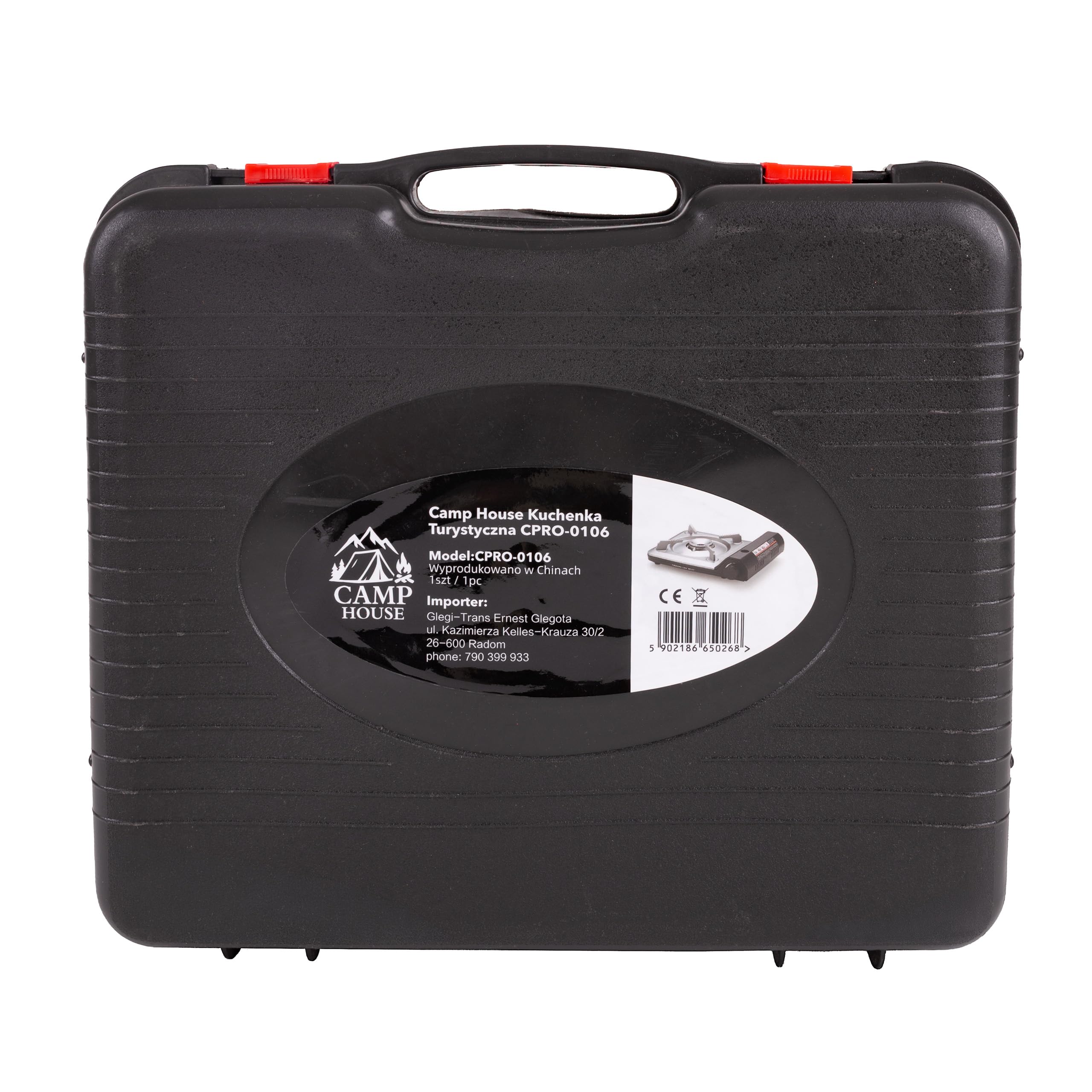 Kuchenka kempingowa Grill CPRO-0106, kuchenka gazowa 2 w 1 z zapłonem piezoelektrycznym, 2500 W, do kartusza gazowego i butli gazowej, z walizką i osłoną przeciwwiatrową do campingu i
